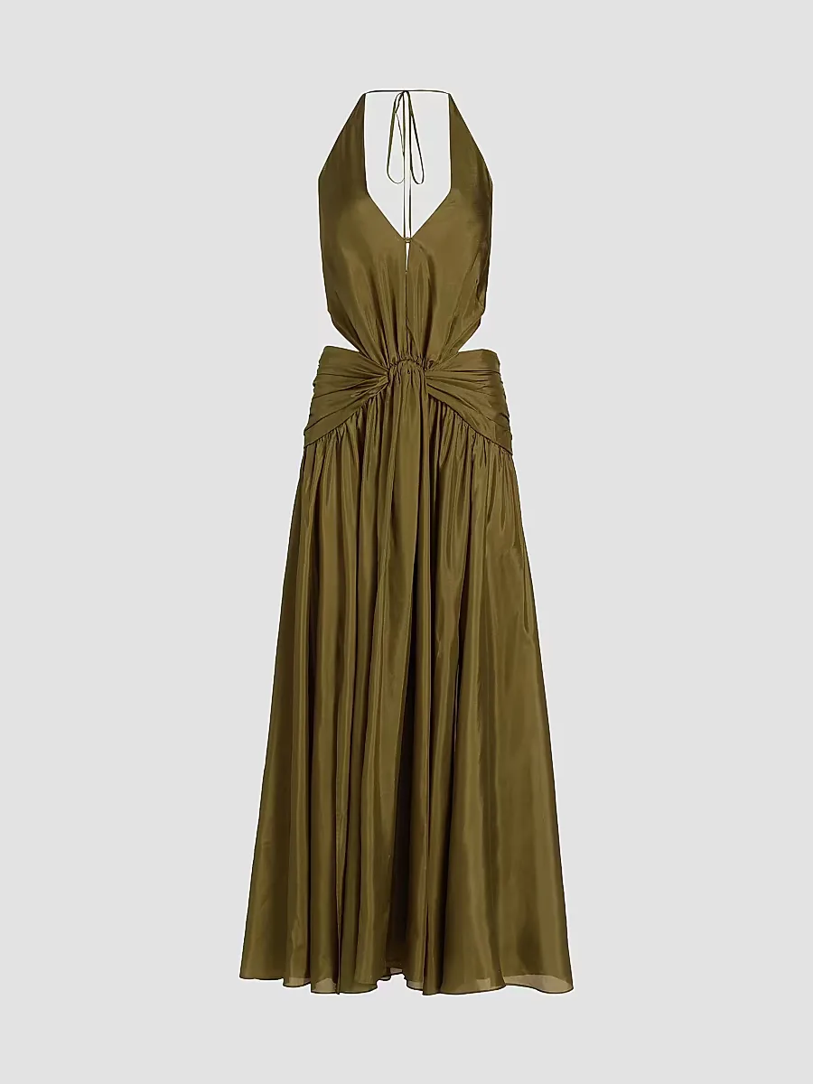 Indra Silk Plunge Halter Maxi Dress