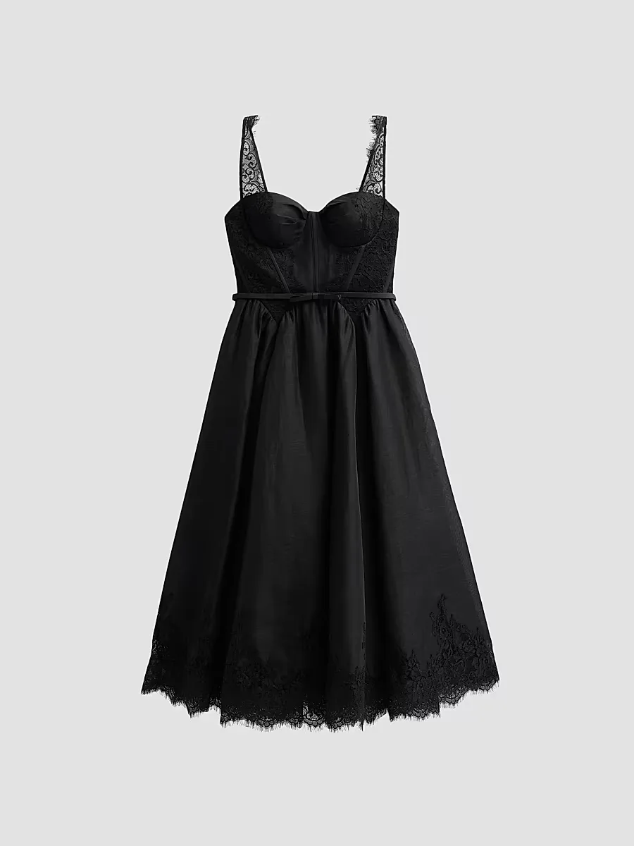 Valiant Linen-Silk Lace-Trim Midi Dress