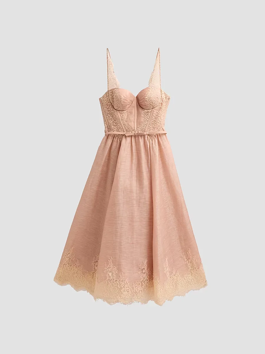 Valiant Linen-Silk Lace-Trim Midi Dress