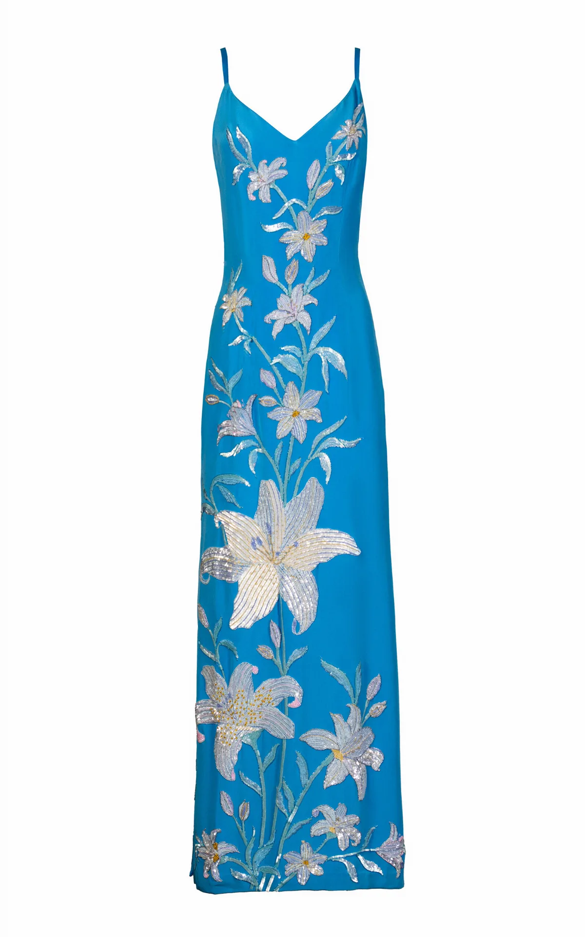 Aqua Lily Garden Emb Embroidered Silk Dress