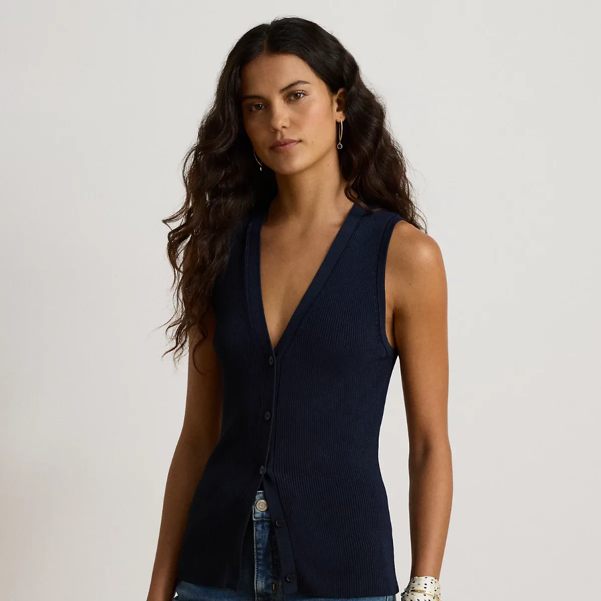 Rib-Knit V-Neck Sleeveless Cardigan by Lauren Ralph Lauren