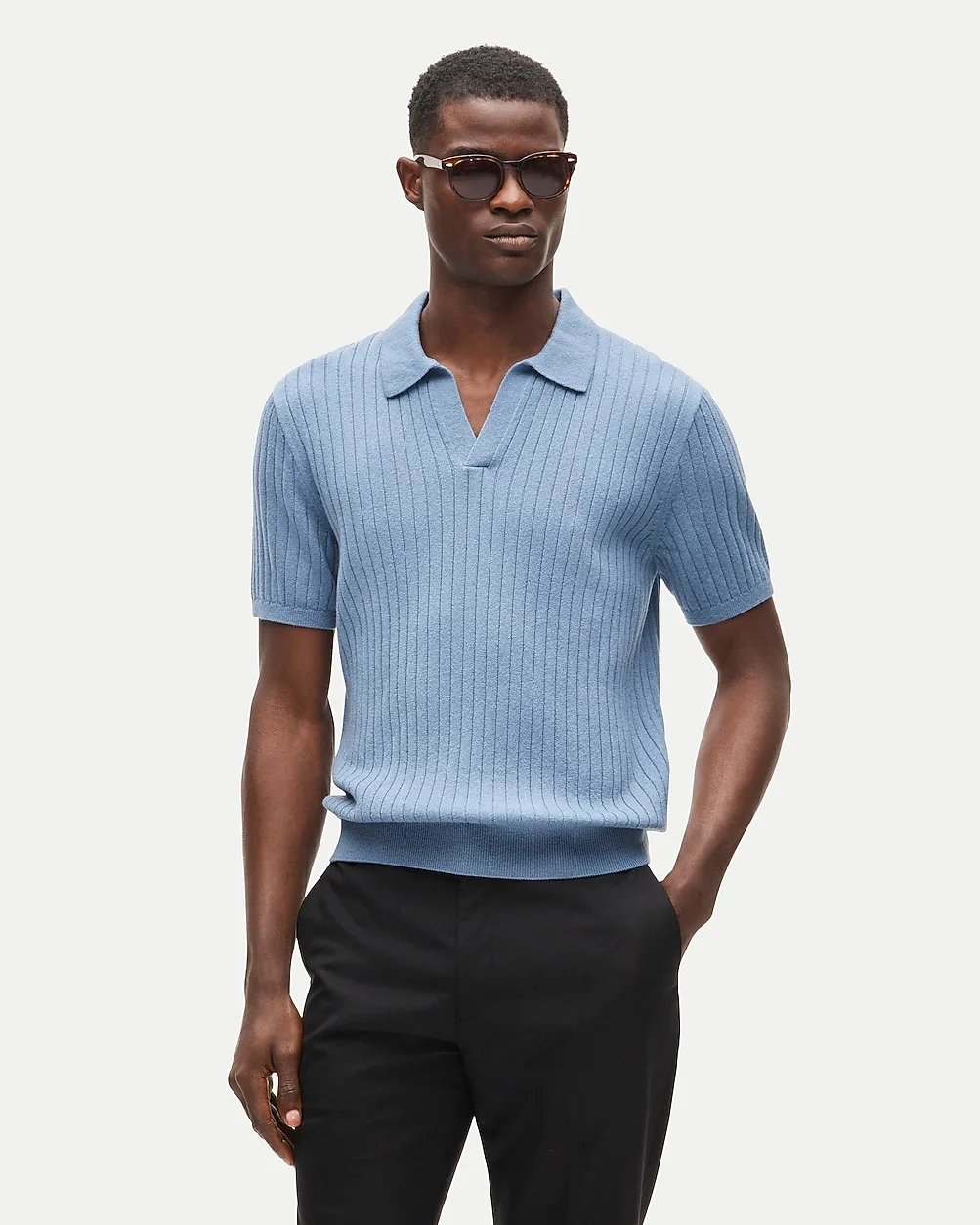 Short-Sleeve Cashmere Ribbed Johnny-Collar Sweater-Polo by J.Crew