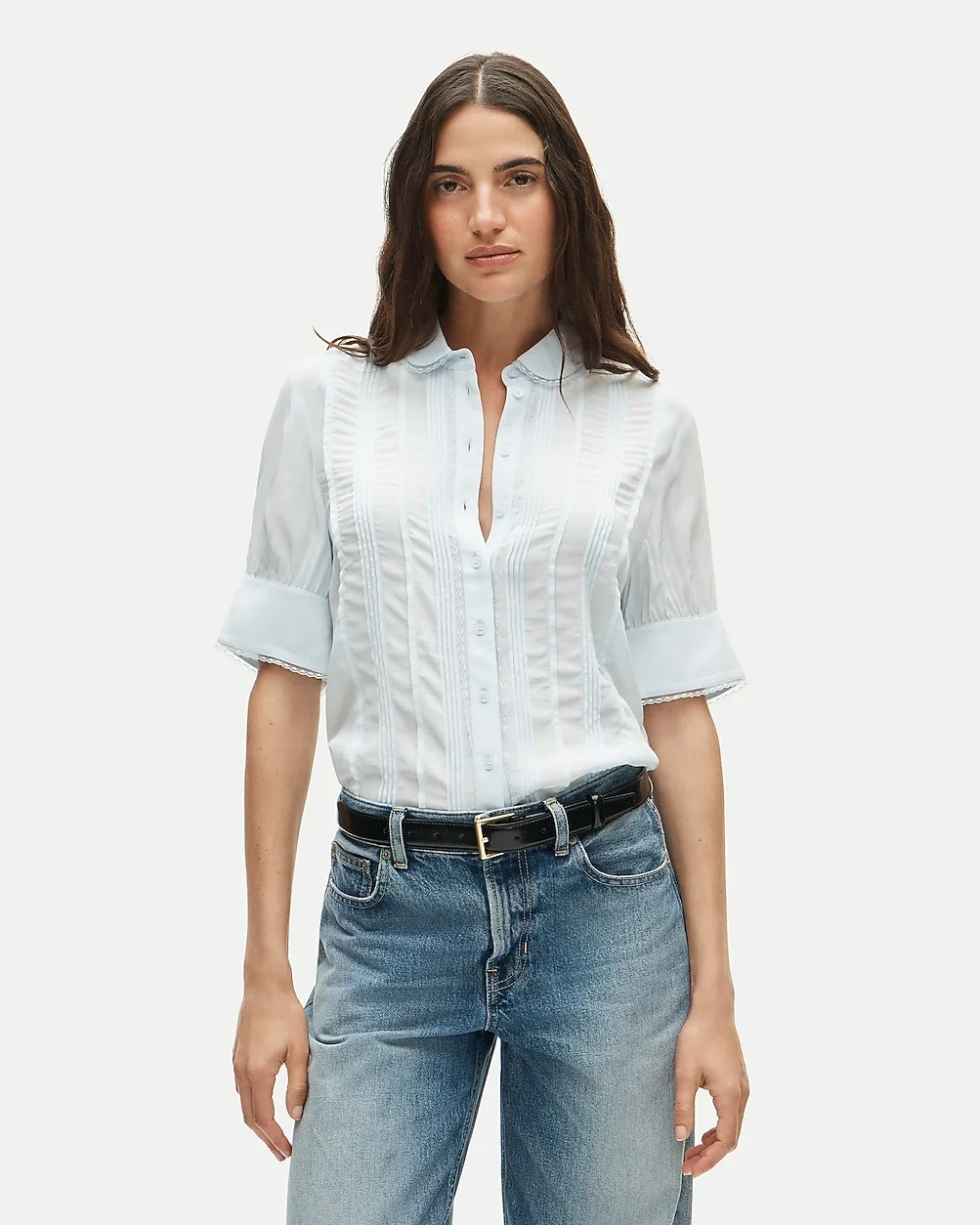 Lace-Trim Button-Up Top in Crepe De Chine