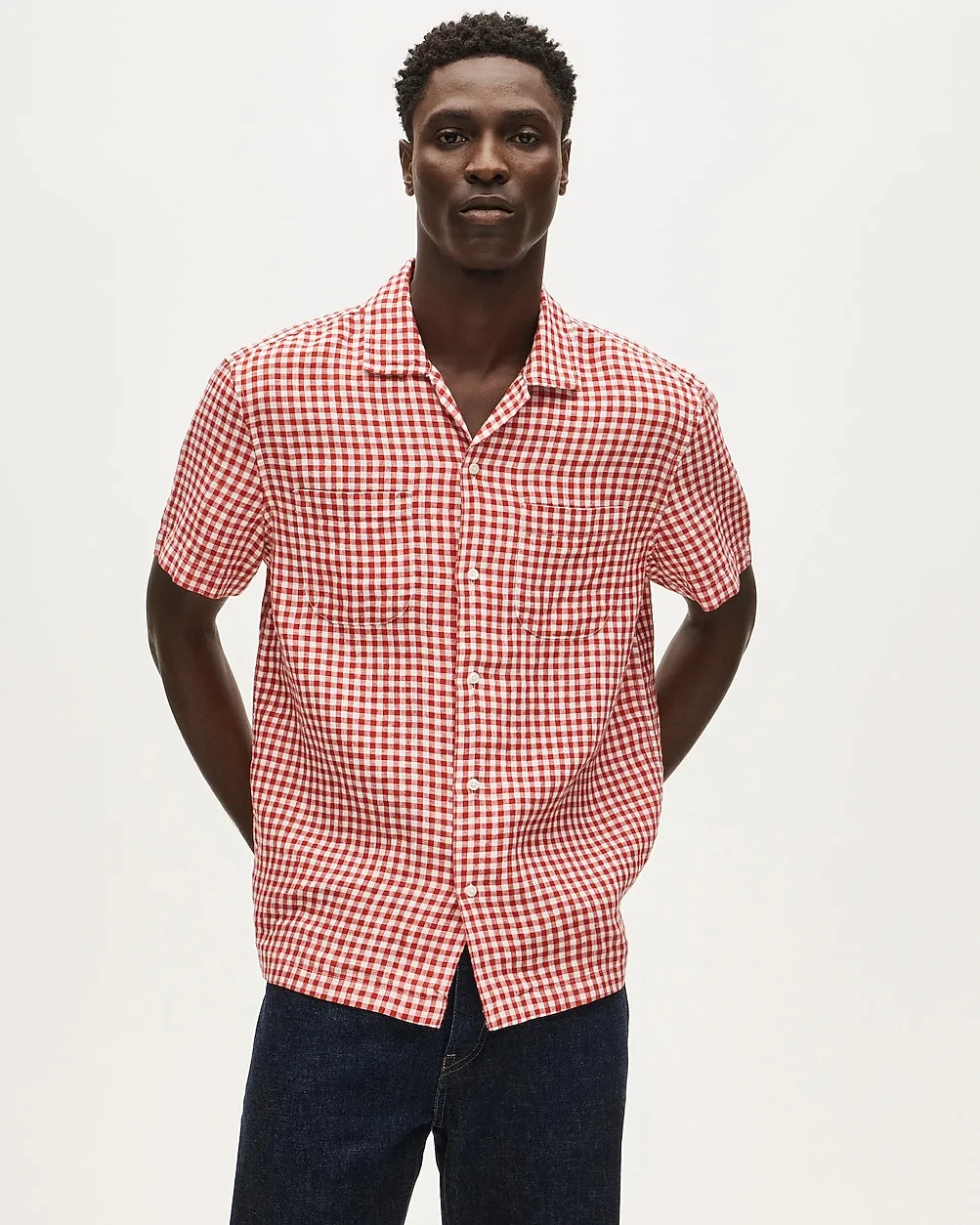 Short-Sleeve Linen Camp-Collar Shirt in Gingham by J.Crew