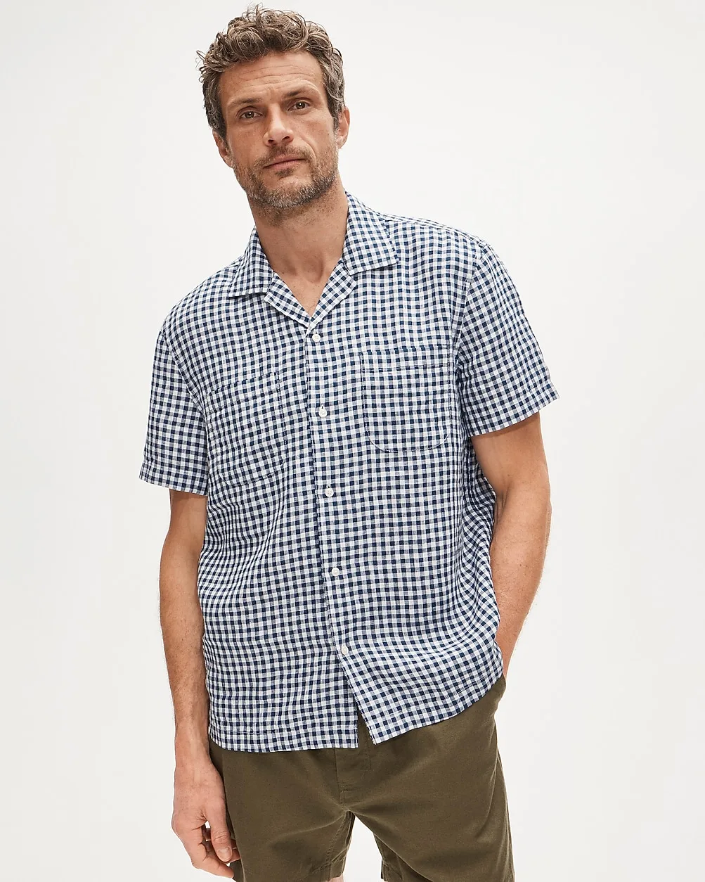 Short-Sleeve Linen Camp-Collar Shirt in Gingham