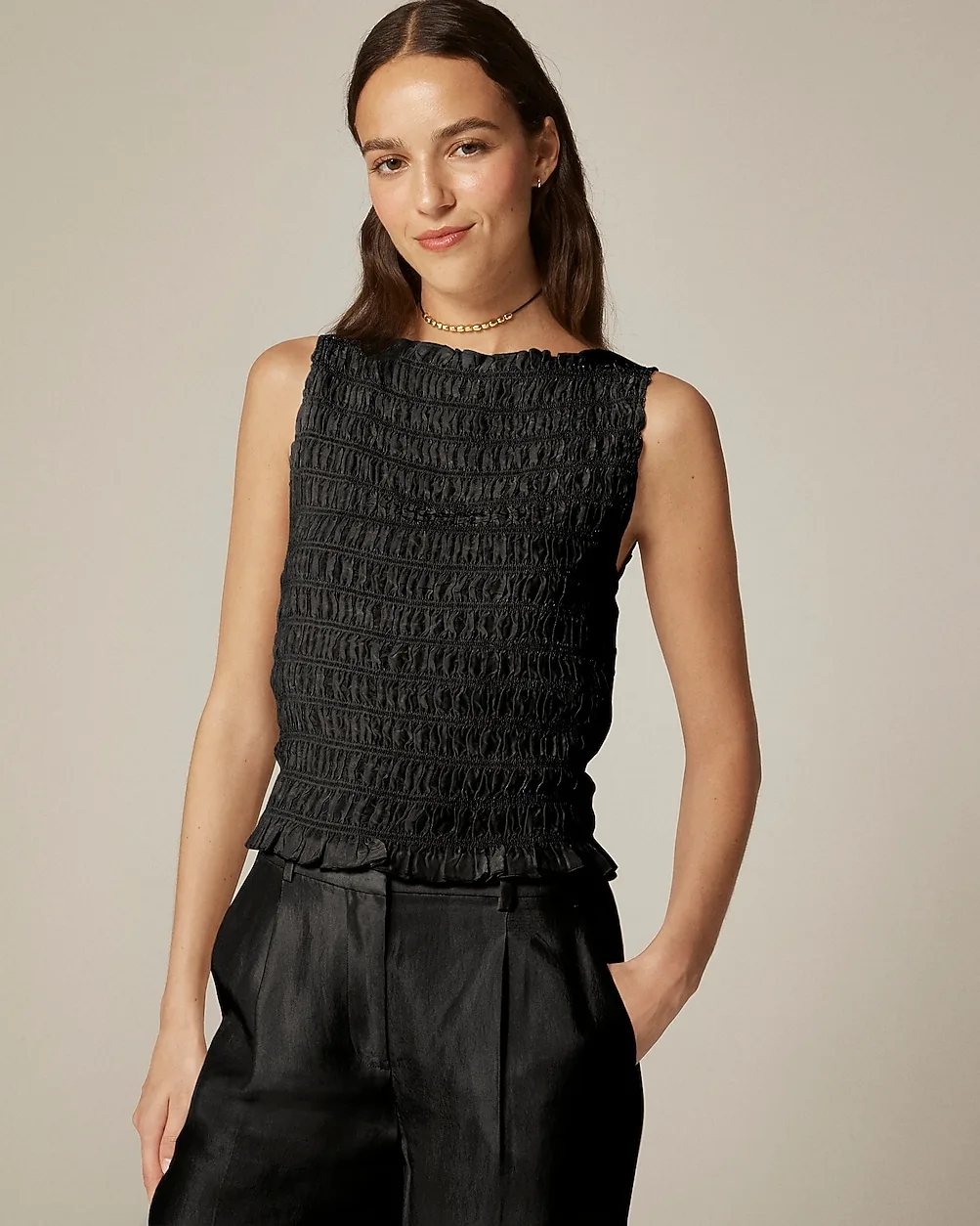 Smocked Shell Tank Top in Crepe De Chine