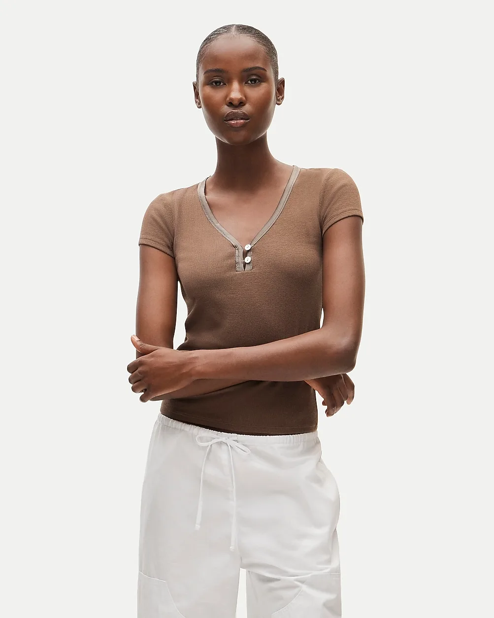 Perfect Rib V-Neck Henley with Satin Trim by J.Crew