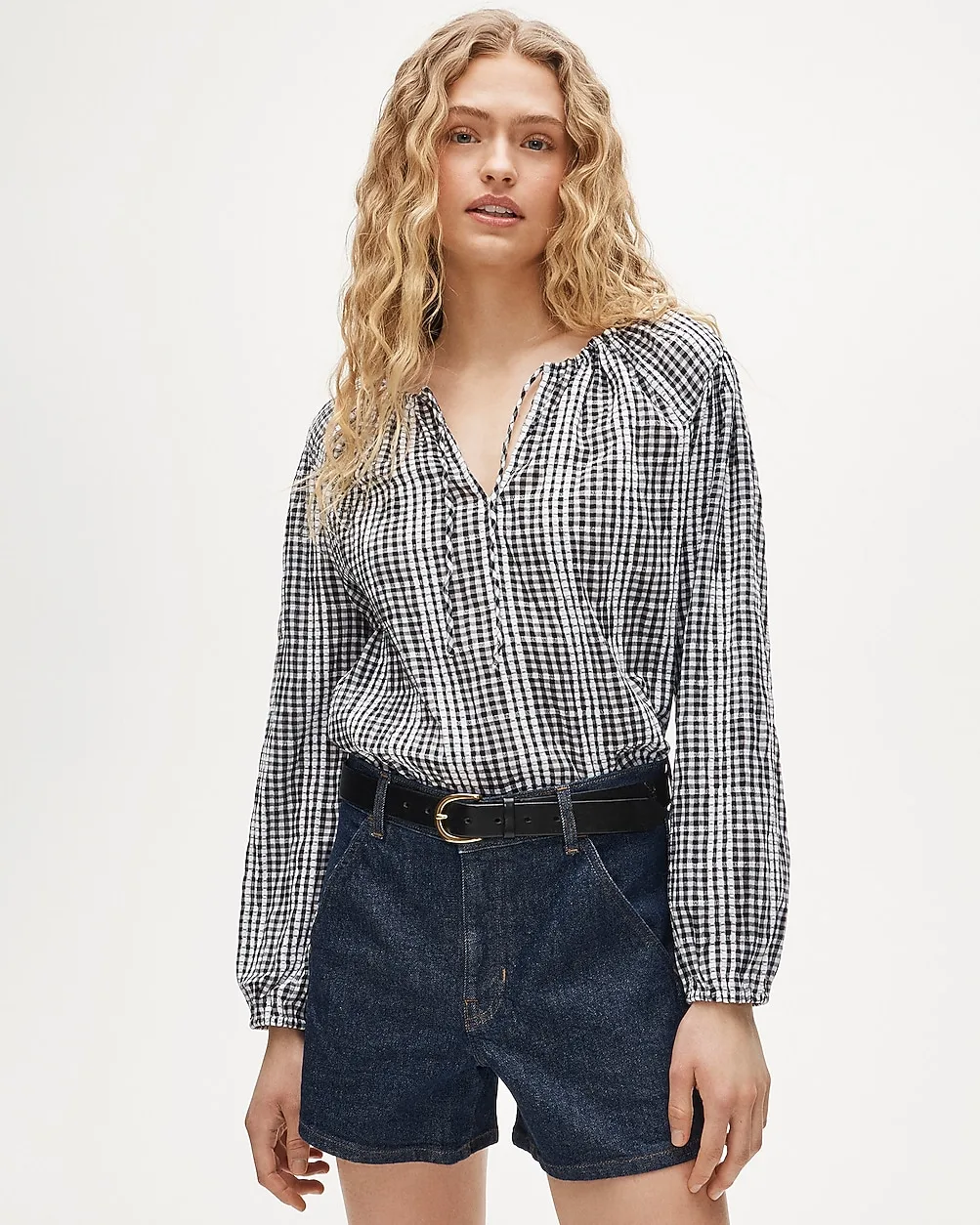 Tie-Front Popover Top in Gingham Seersucker by J.Crew