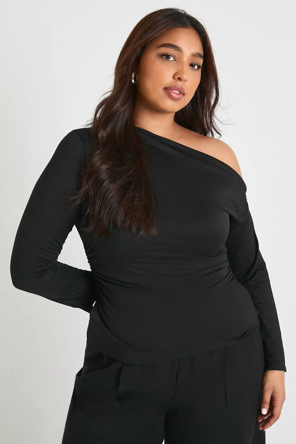 Ruched Side Asymmetric Off-The-Shoulder Top by boohoo