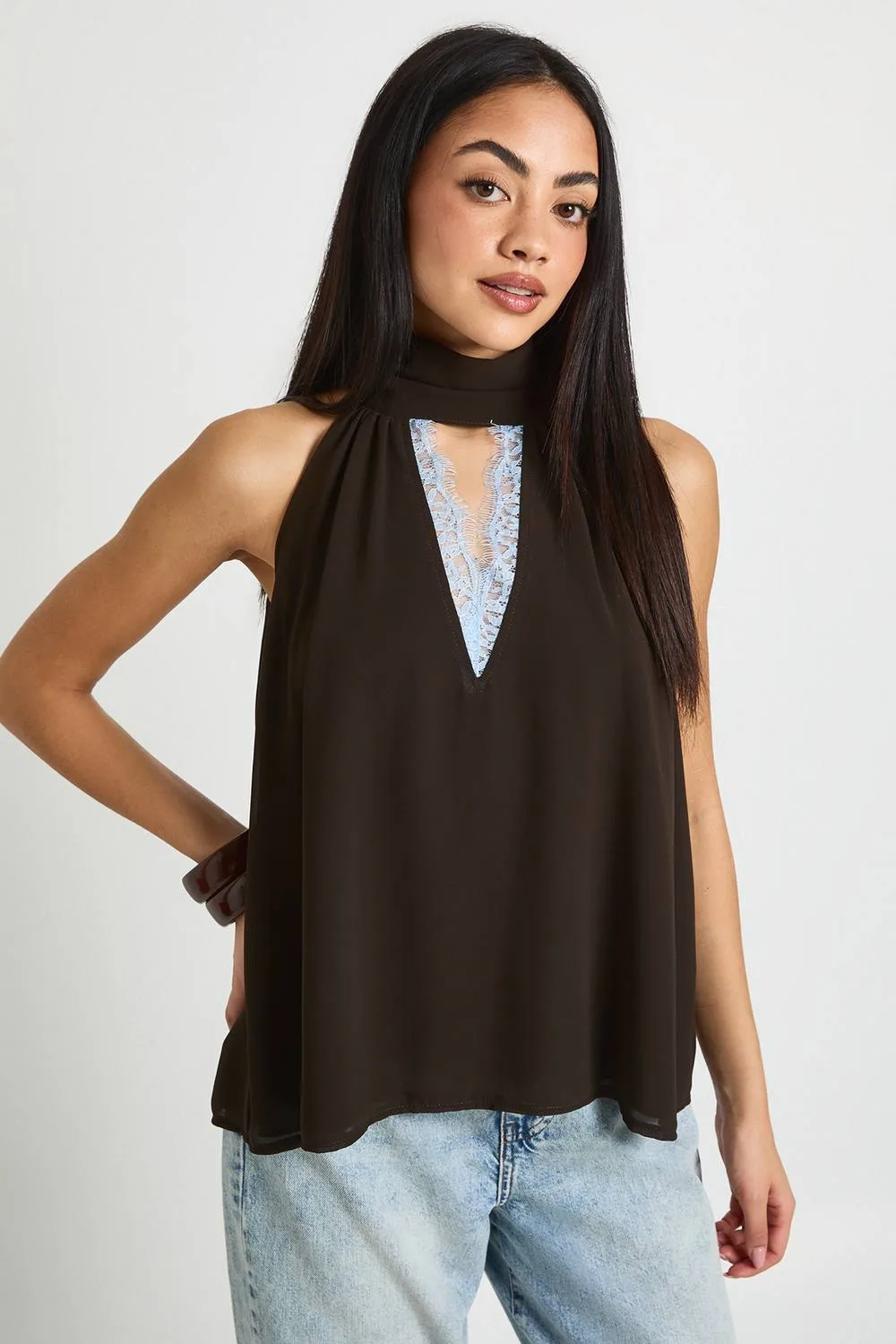 Chiffon High Neck Lace Keyhole Blouse by boohoo