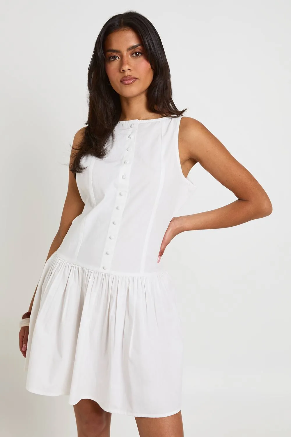 Cotton Poplin Button Through Boat Neck Mini Dress by boohoo