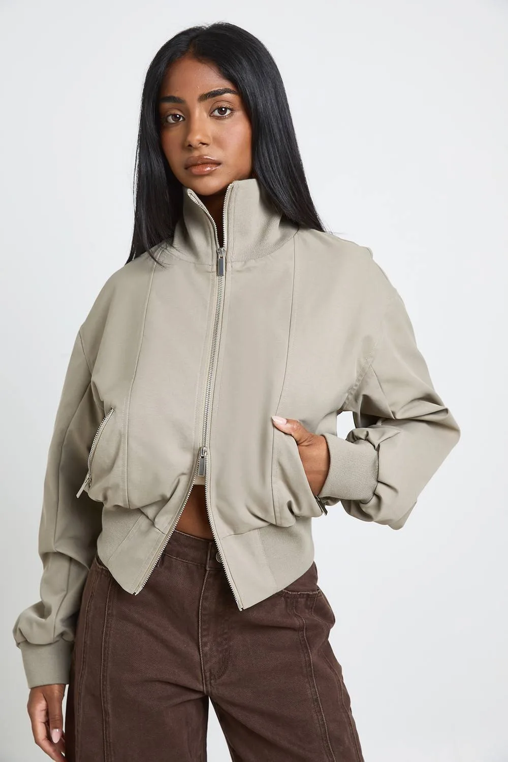 Ribbed Funnel Neck Bomber Jacket by boohoo