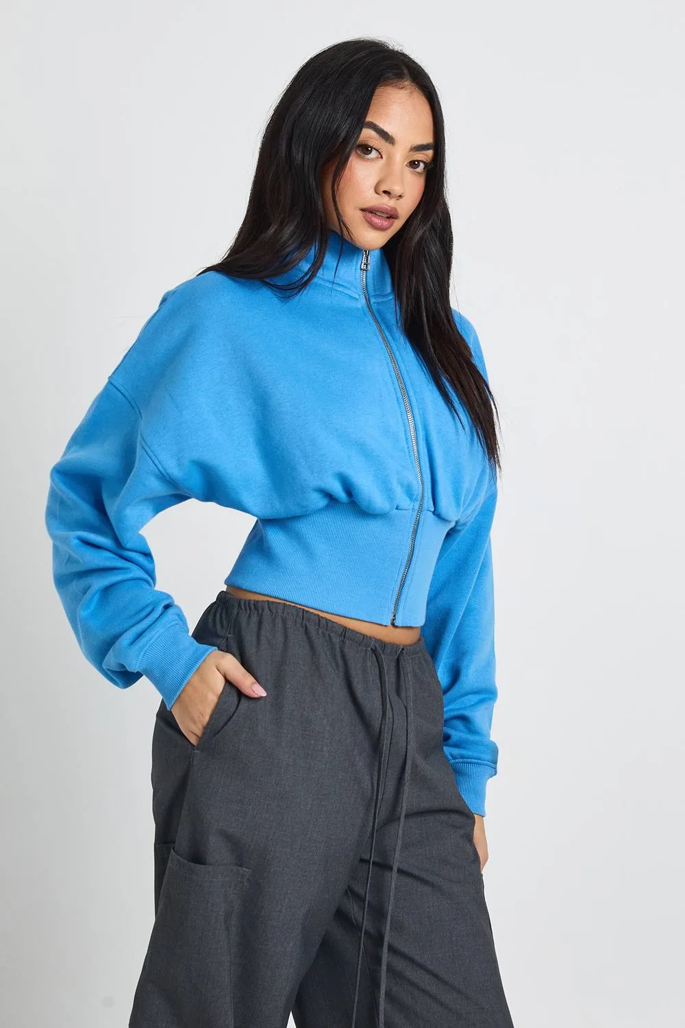 Funnel Neck Cinched Waist Zip Through by boohoo