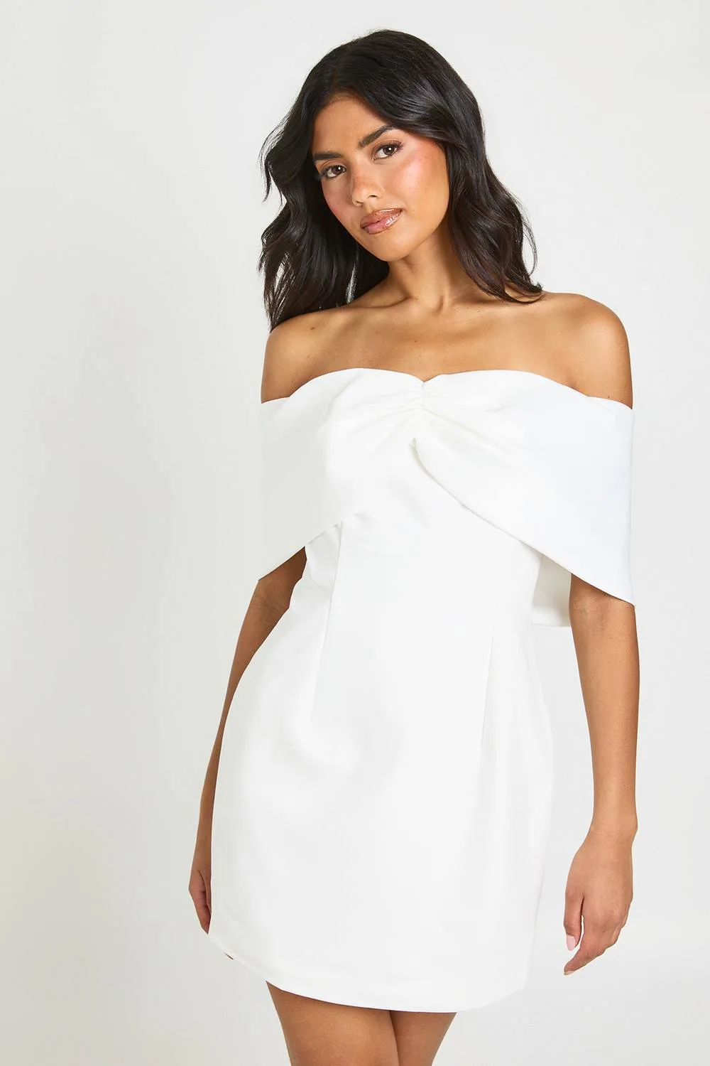 Satin Bow Detail Bardot Mini Dress by boohoo