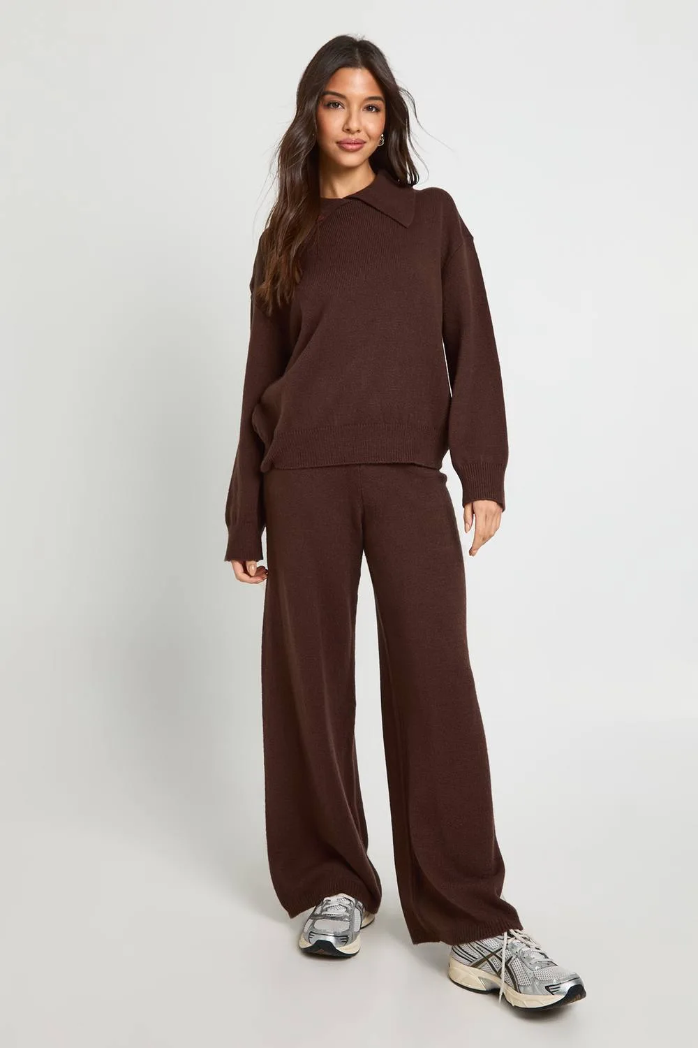 Chunky Knit Collar Detail Oversized Knitted Jumper & Wide Leg Trouser Co-Ord by boohoo