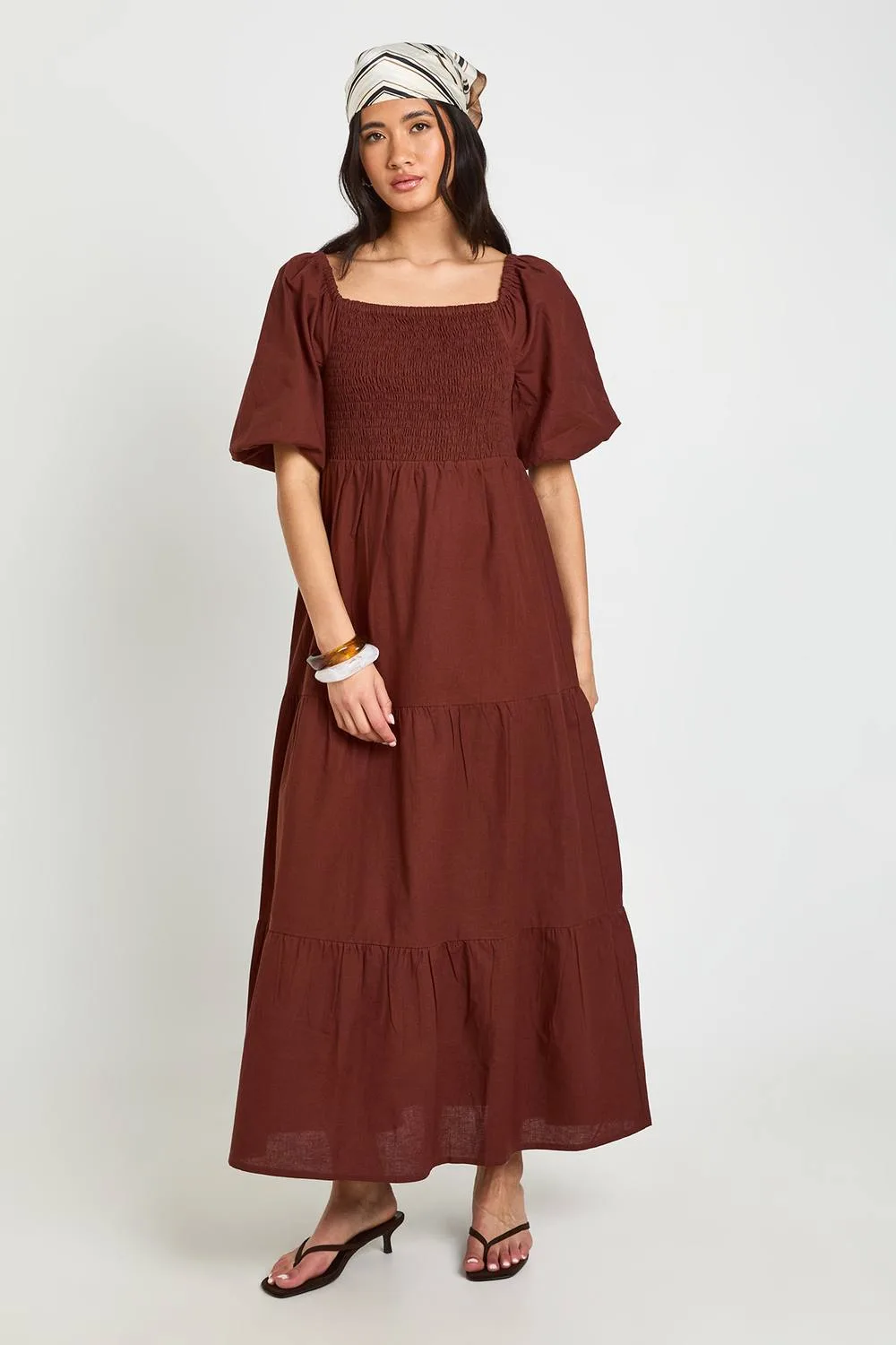 Linen Look Volume Sleeve Tiered Midaxi Dress by boohoo