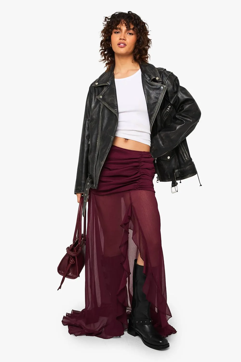 Chiffon Ruffle Split Leg Maxi Skirt by boohoo