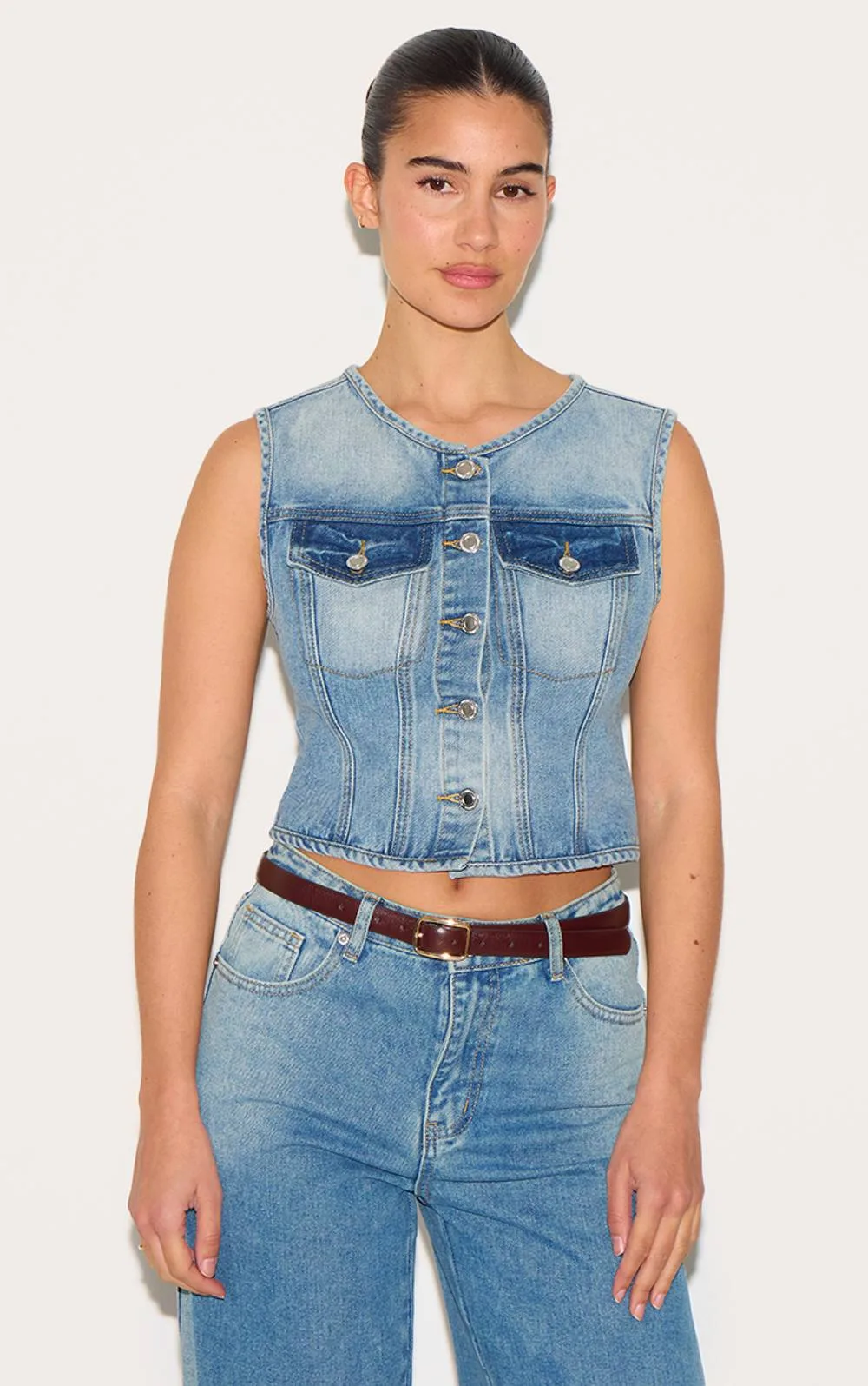 Round Neck Sleeveless Denim Crop Top by PrettyLittleThing
