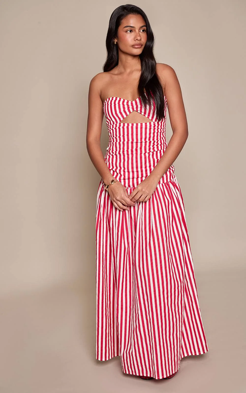 Stripe Linen Look Bandeau Cut Out Bust Detail Maxi Dress by PrettyLittleThing