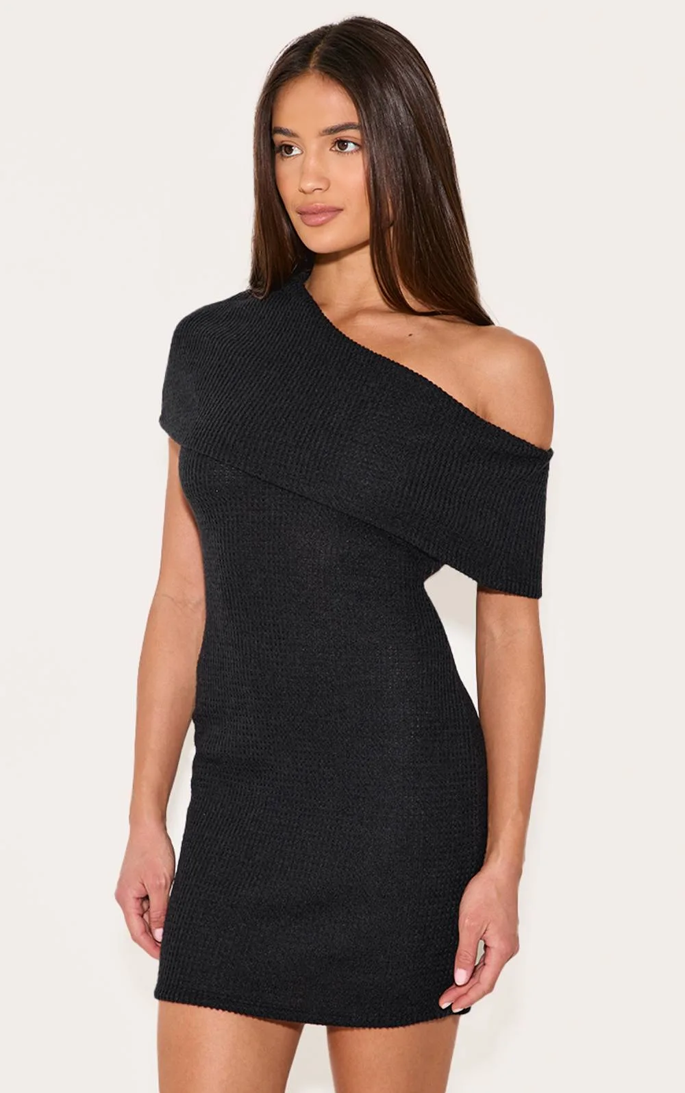 Brushed Rib Asymmetric Bodycon Dress by PrettyLittleThing