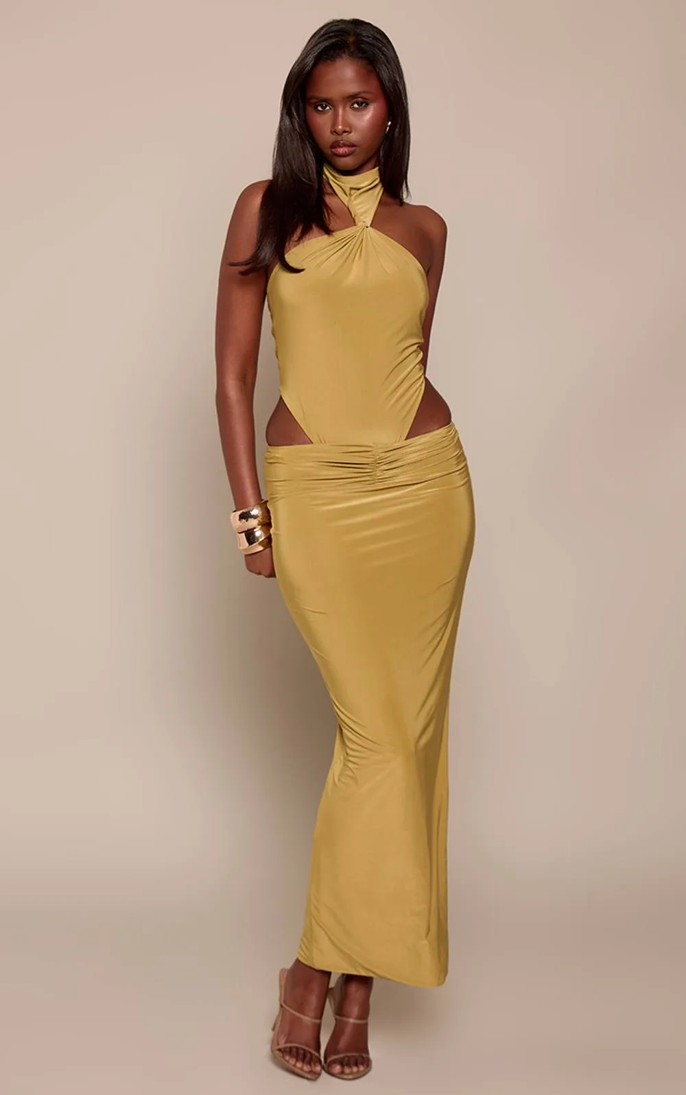 Golden Slinky Low Rise Ruched Seam Maxi Skirt by PrettyLittleThing
