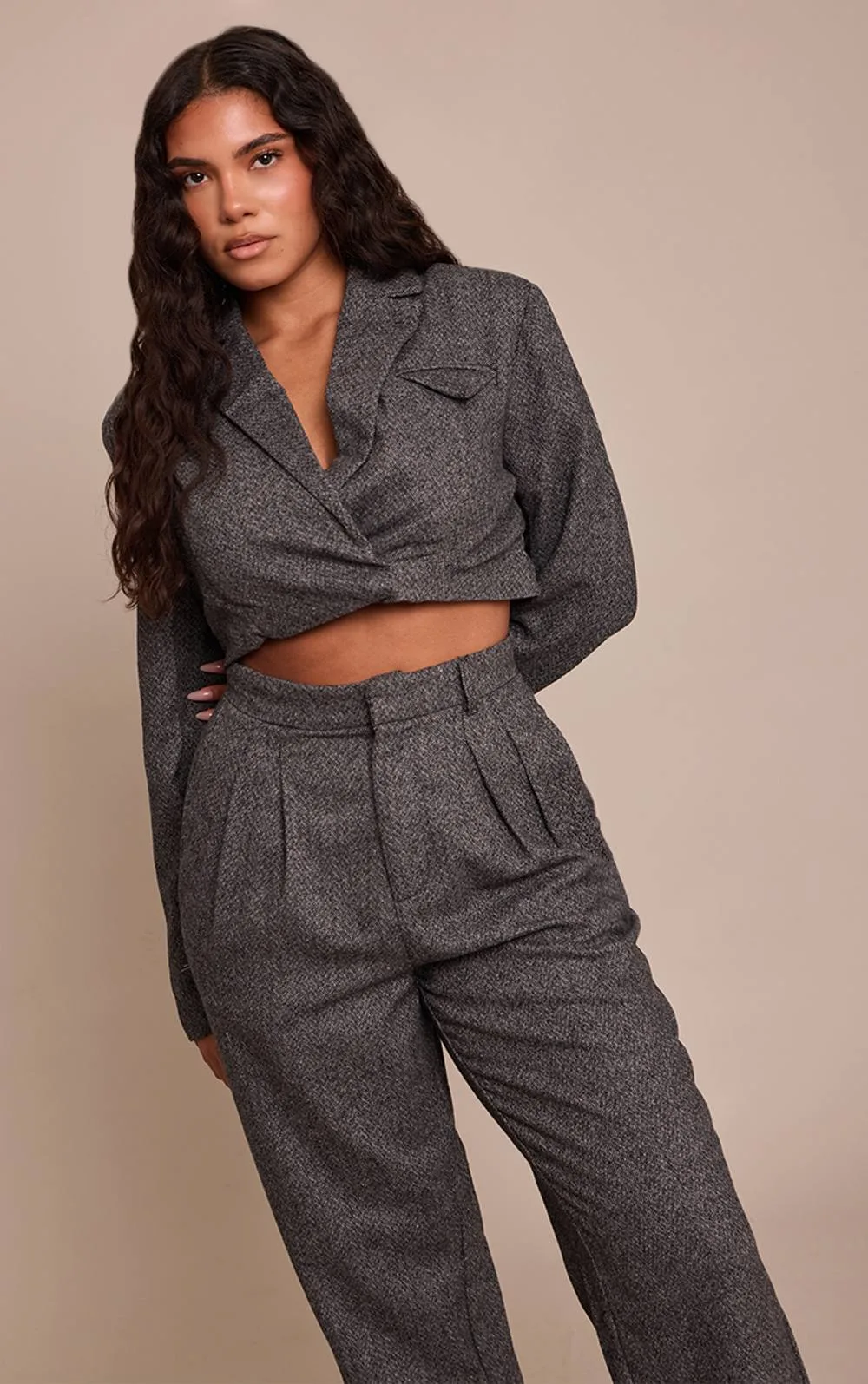 Herringbone Structured Cropped Blazer by PrettyLittleThing