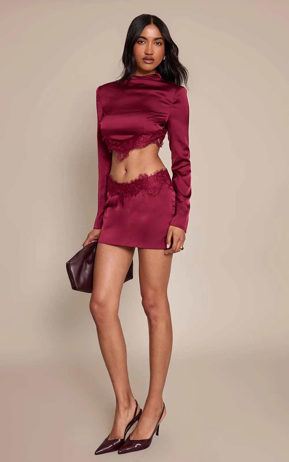 Satin Lace Trim Mini Skirt Co-Ord by PrettyLittleThing