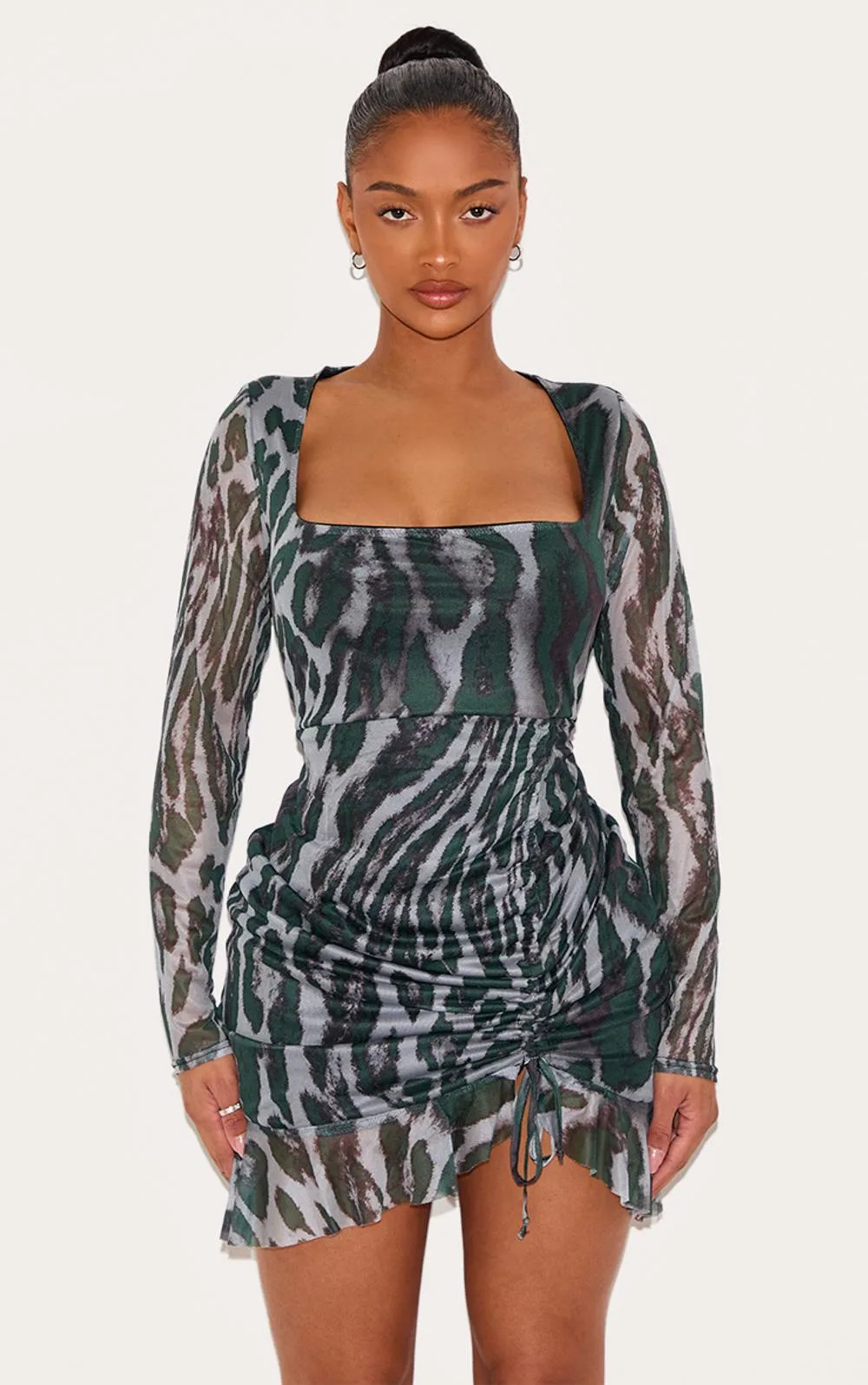 Butterfly Print Mesh Long Sleeve Ruched Side Frill Hem Bodycon Dress by PrettyLittleThing