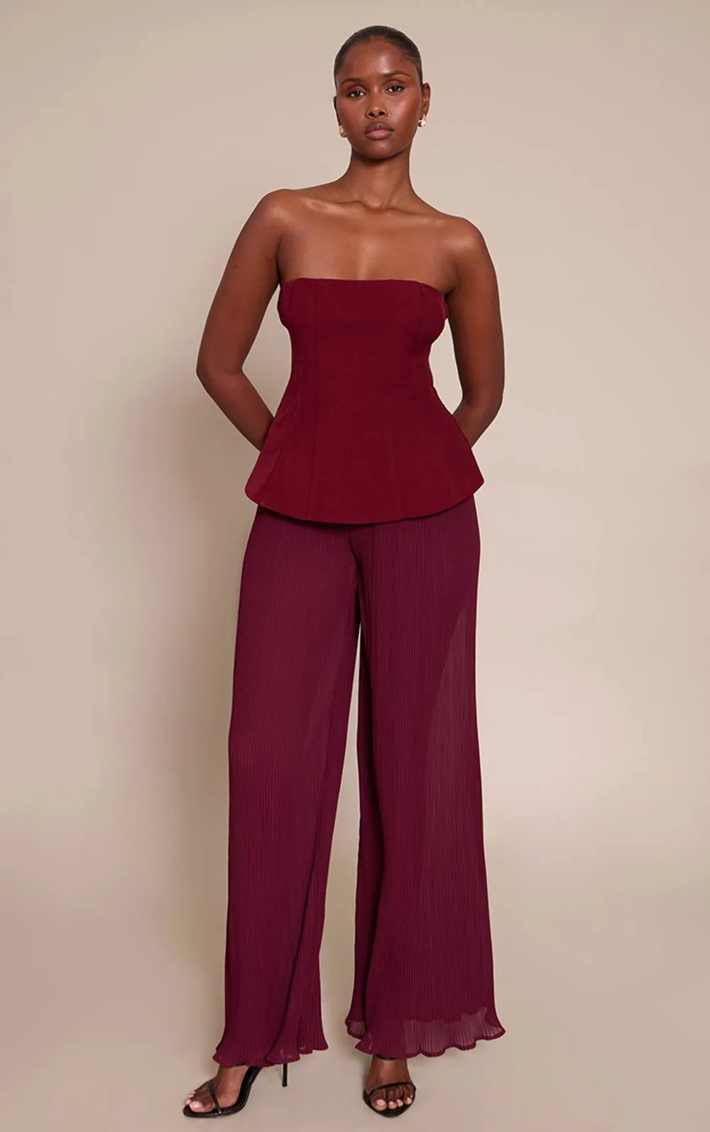 Woven Bandeau Plisse Leg Jumpsuit by PrettyLittleThing