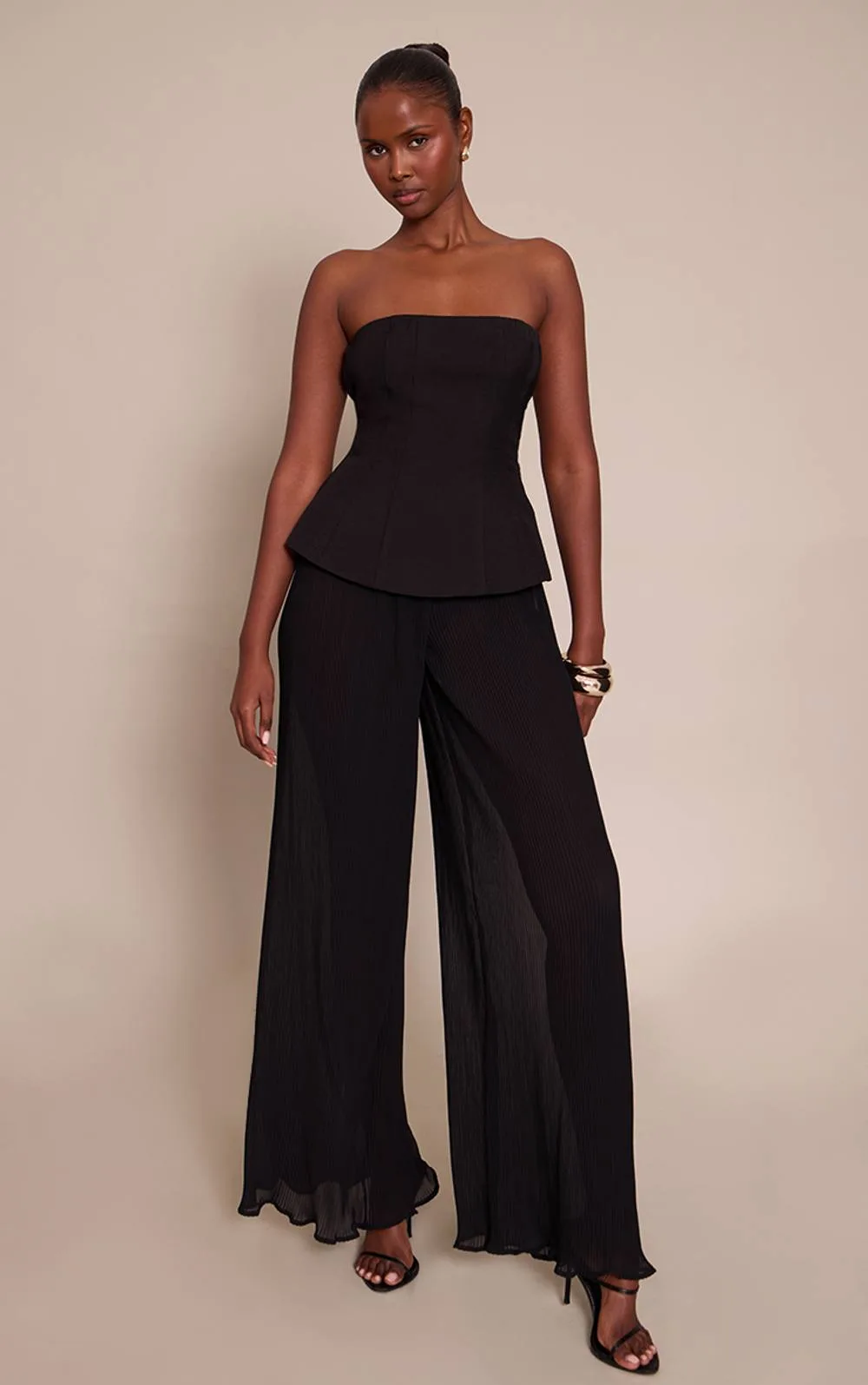 Woven Bandeau Plisse Leg Jumpsuit