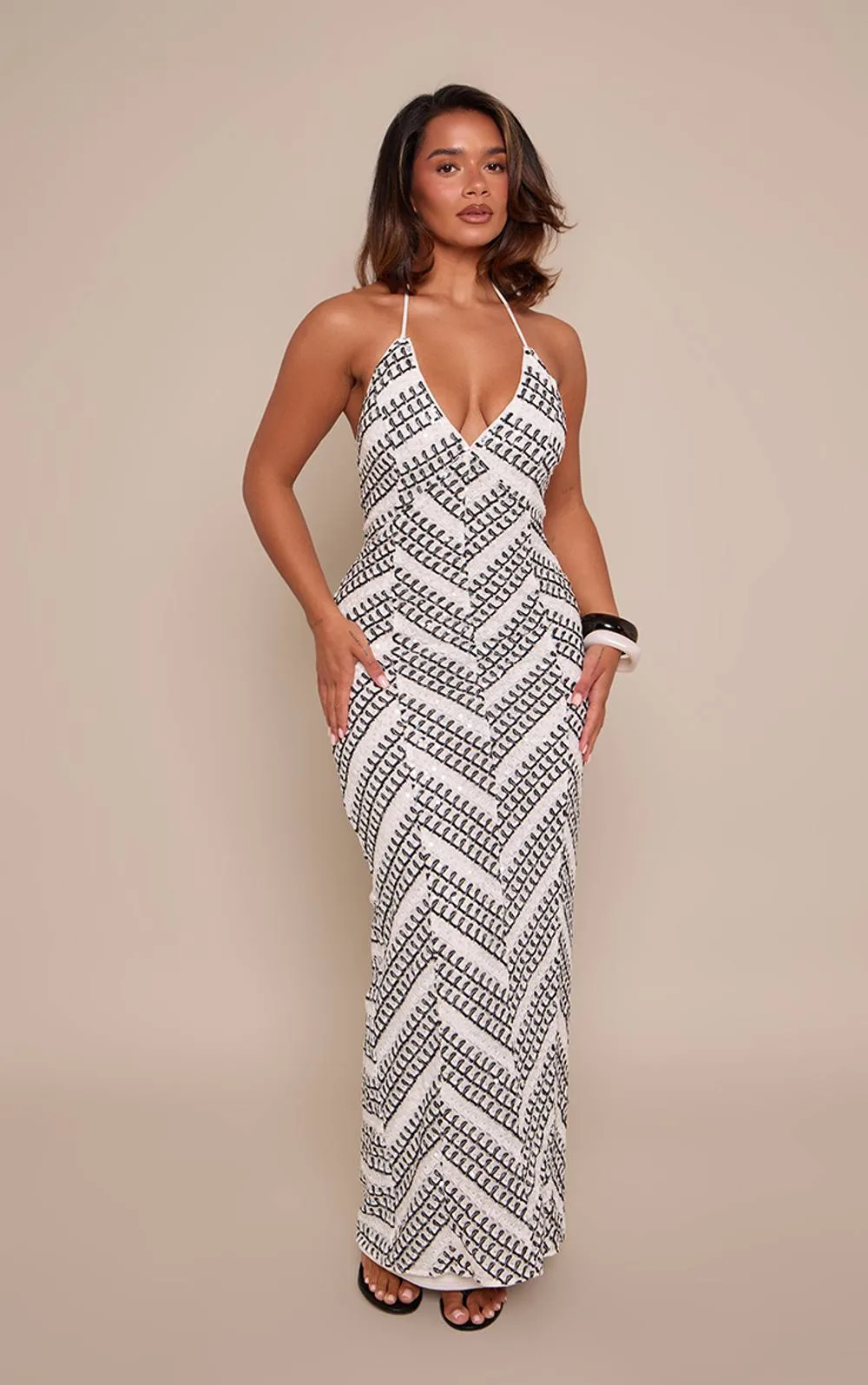 Sequin V Neck Maxi Dress