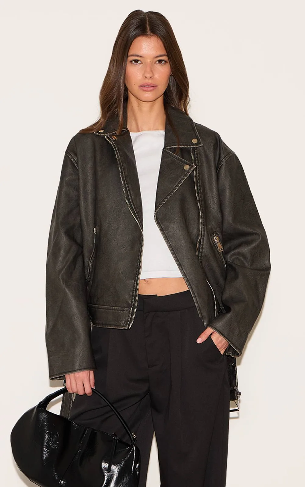 Vintage Faux Leather Oversized Zip Up Biker Jacket by PrettyLittleThing