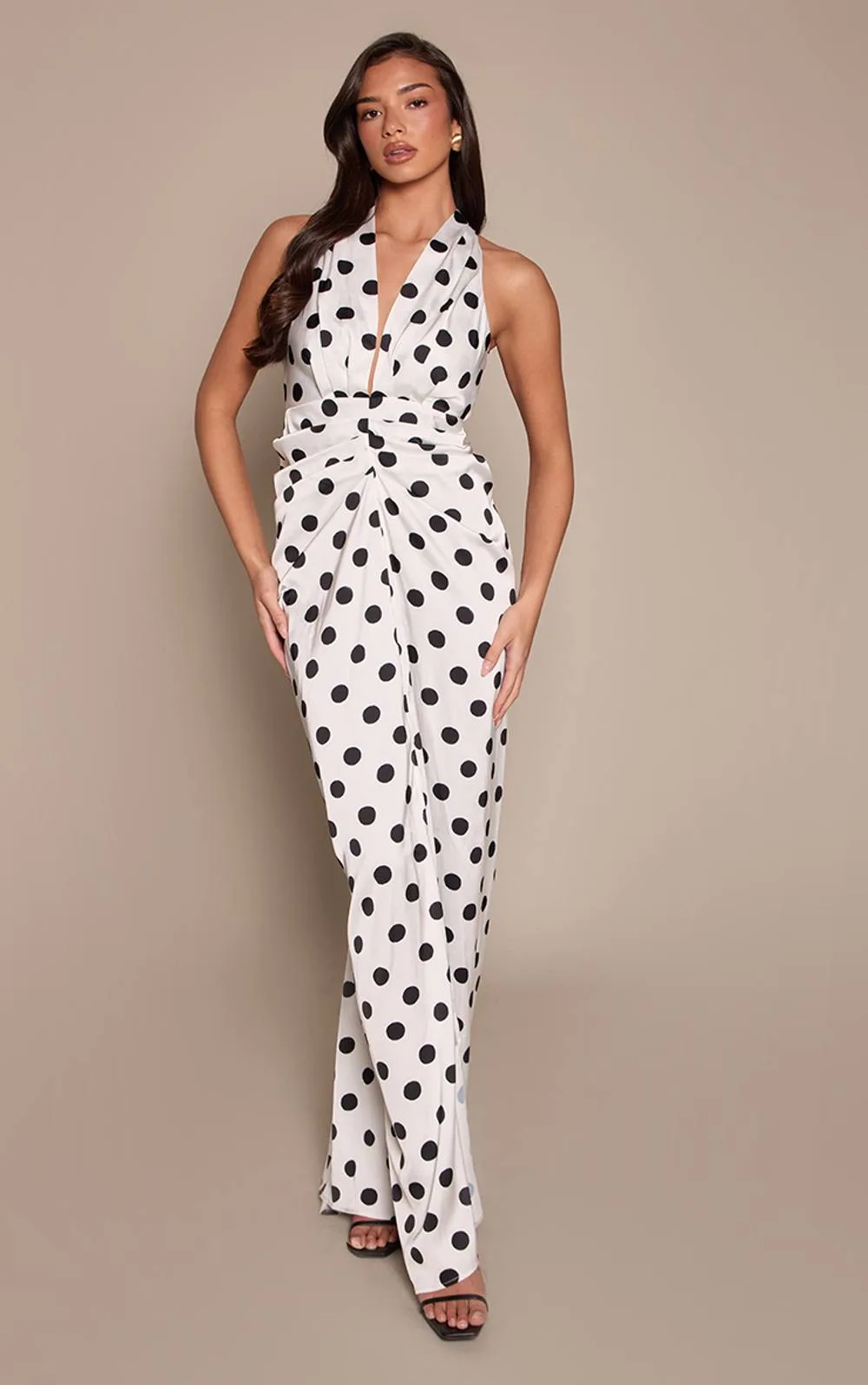 Satin Ruched Detail Plunge Maxi Dress