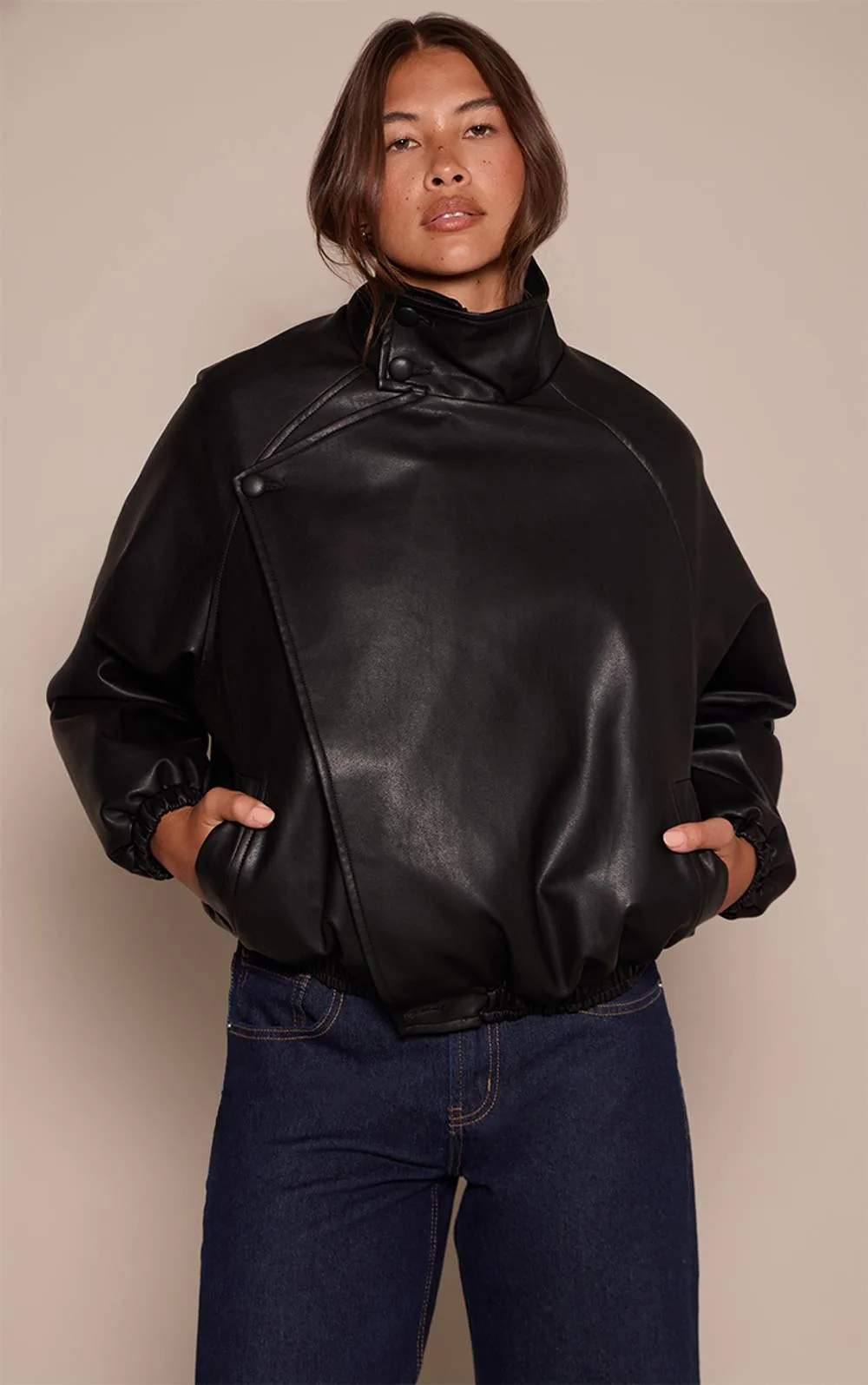 Funnel Neck Leather Jacket by PrettyLittleThing
