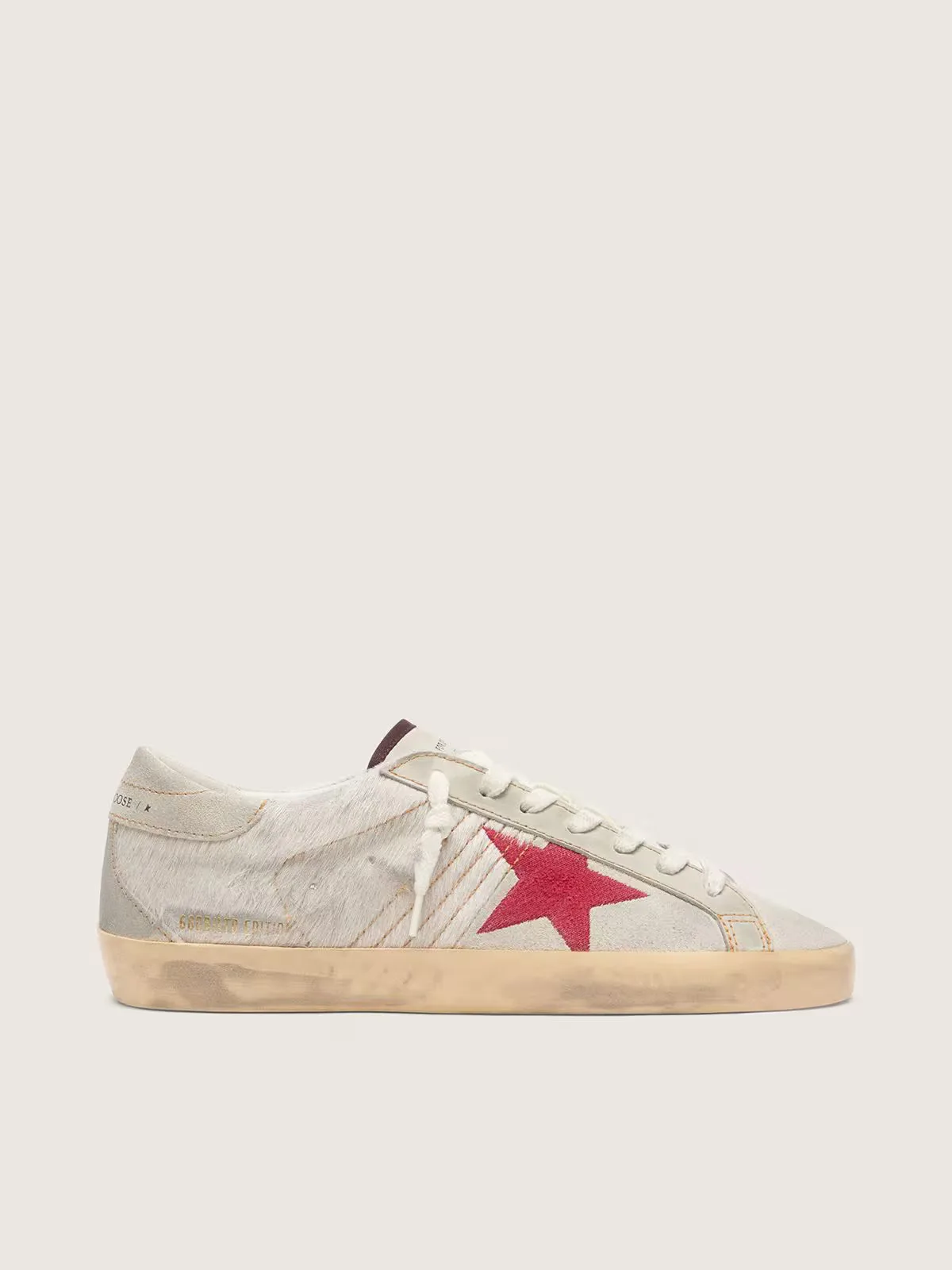 Super-Star Ltd in White Pony Skin with Red Suede Star by Golden Goose
