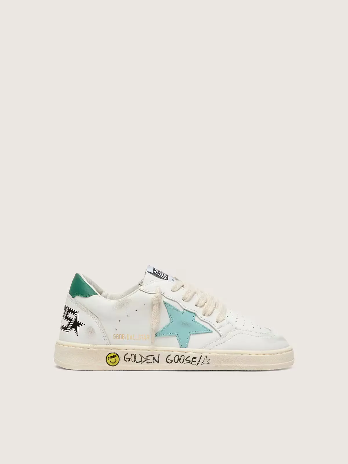 Young Ball Star in White Leather with Aqua-Green Leather Star by Golden Goose