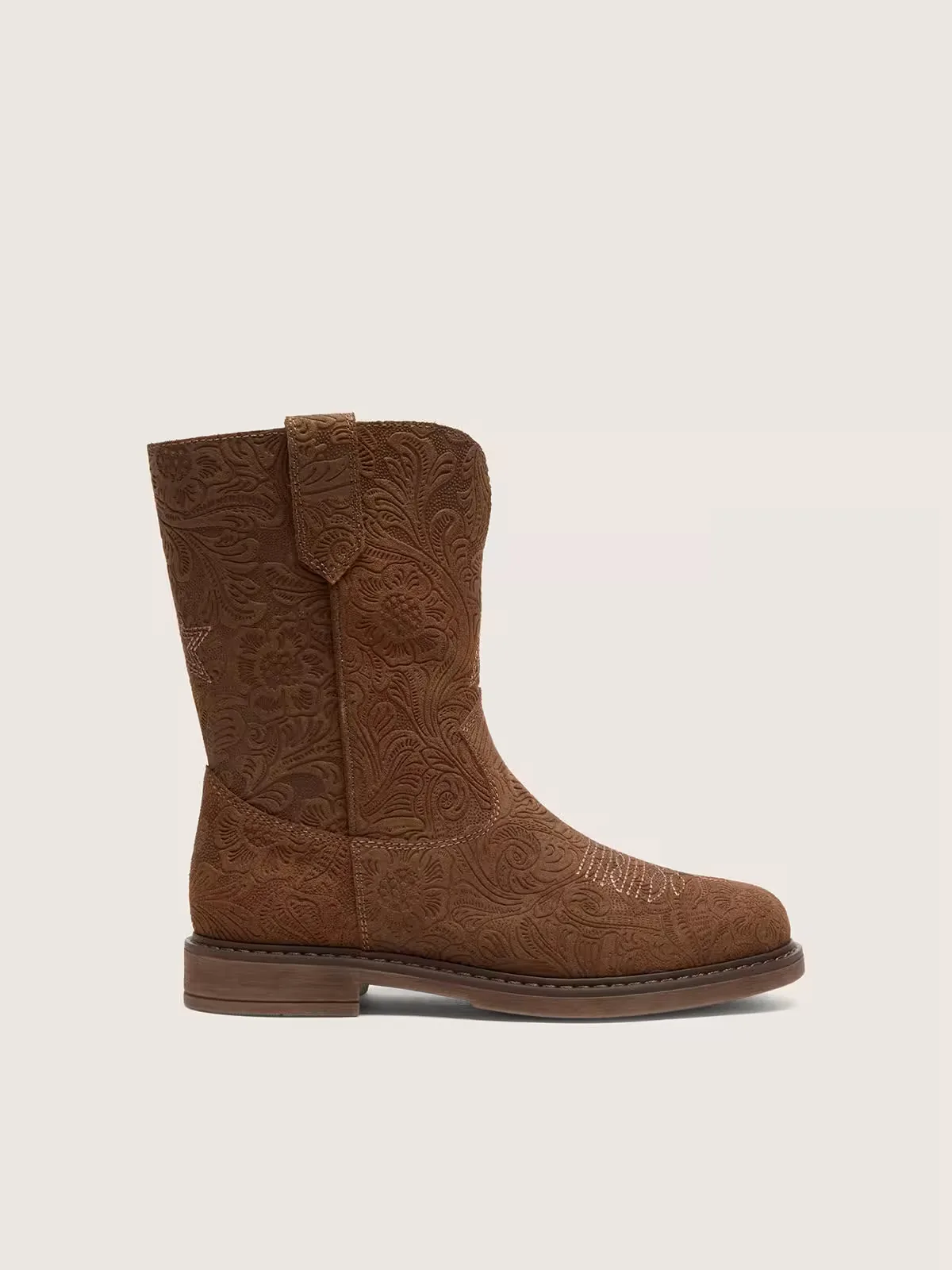 Young Wish Star Boots in Brown Suede with Raised Floral Pattern by Golden Goose