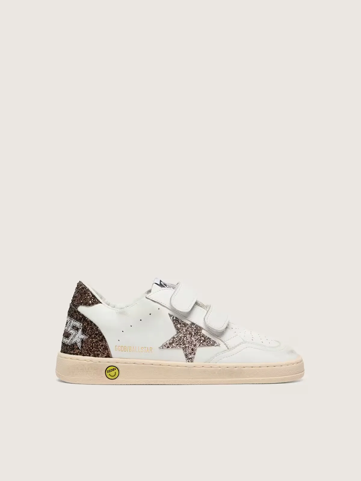 Young Ball Star in White Leather with Dove-Gray Glitter Star and Brown Glitter Inserts by Golden Goose