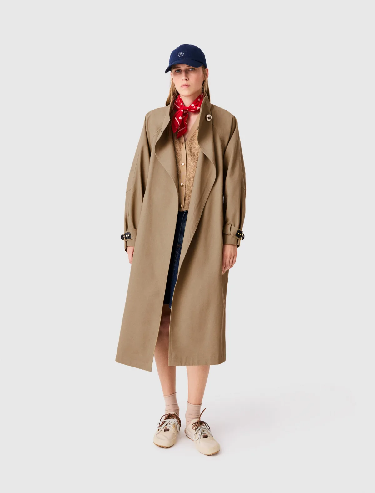 Long Belted Trench with Gold Buttons by Maje