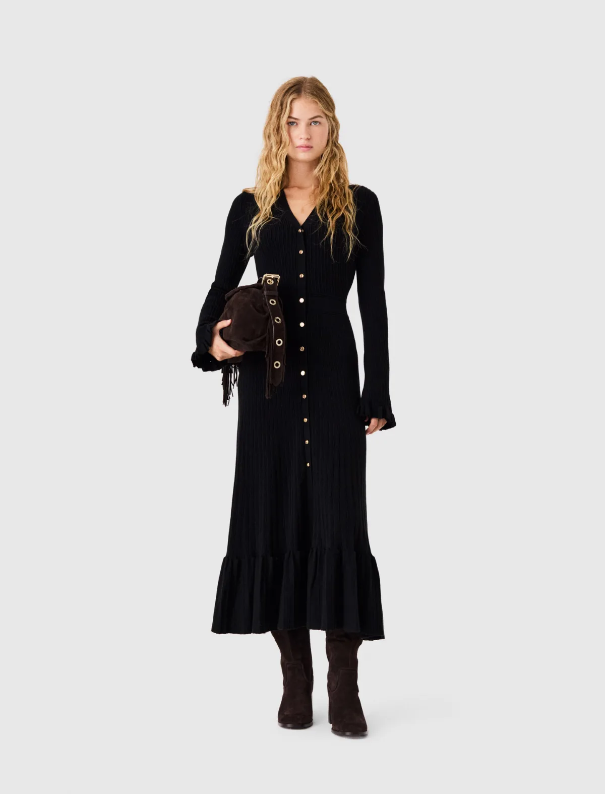 Ruffled Knit Maxi Dress by Maje
