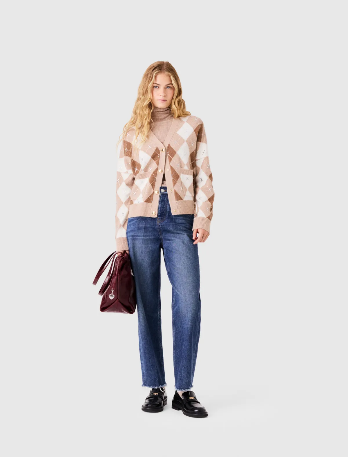 Rhinestone Argyle Cardigan by Maje