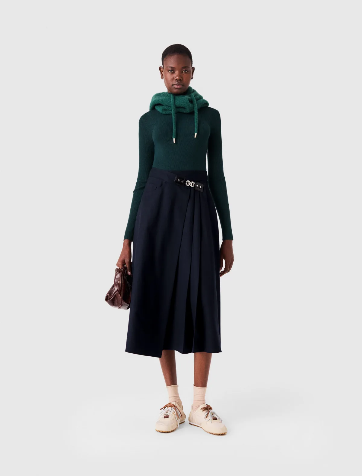 Long Pleated Skirt with Buckle by Maje