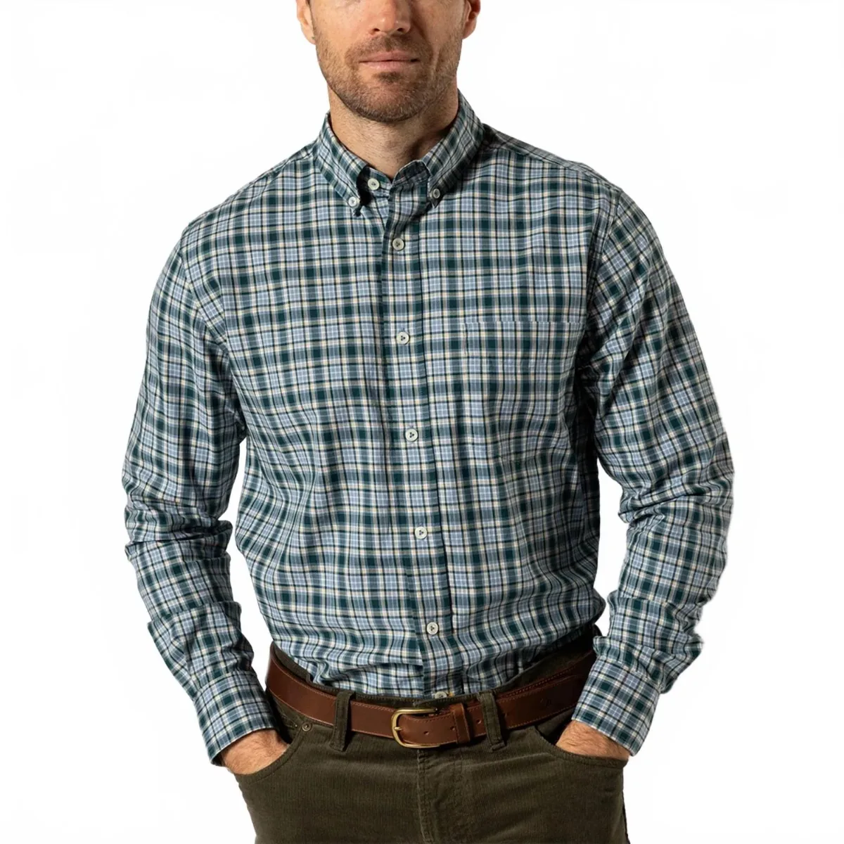 Performance Poplin Sportshirt in Emerald Green Plaid by DUCK HEAD