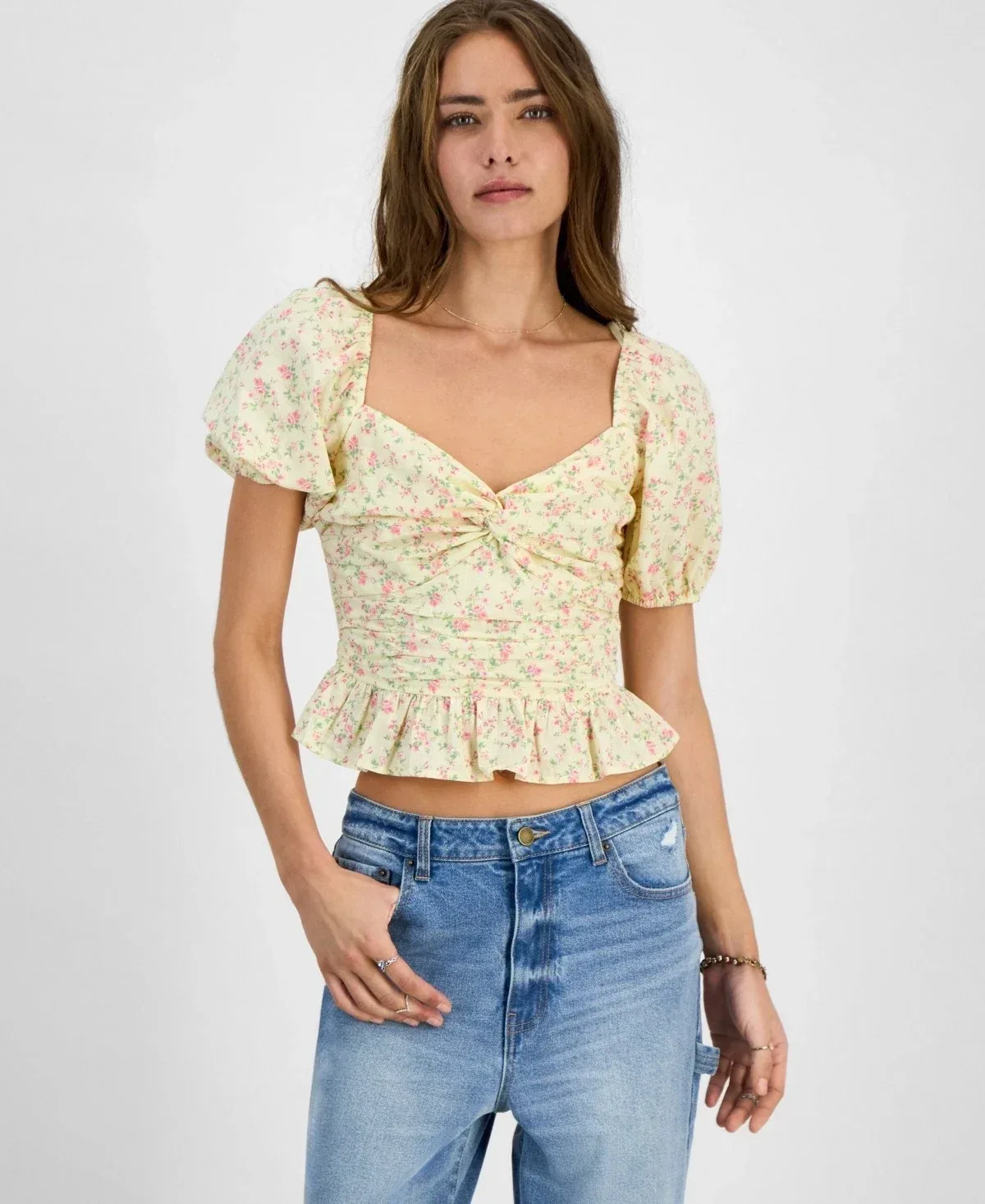 Floral Puff Sleeve Sweetheart Neck Top by Kingston Grey