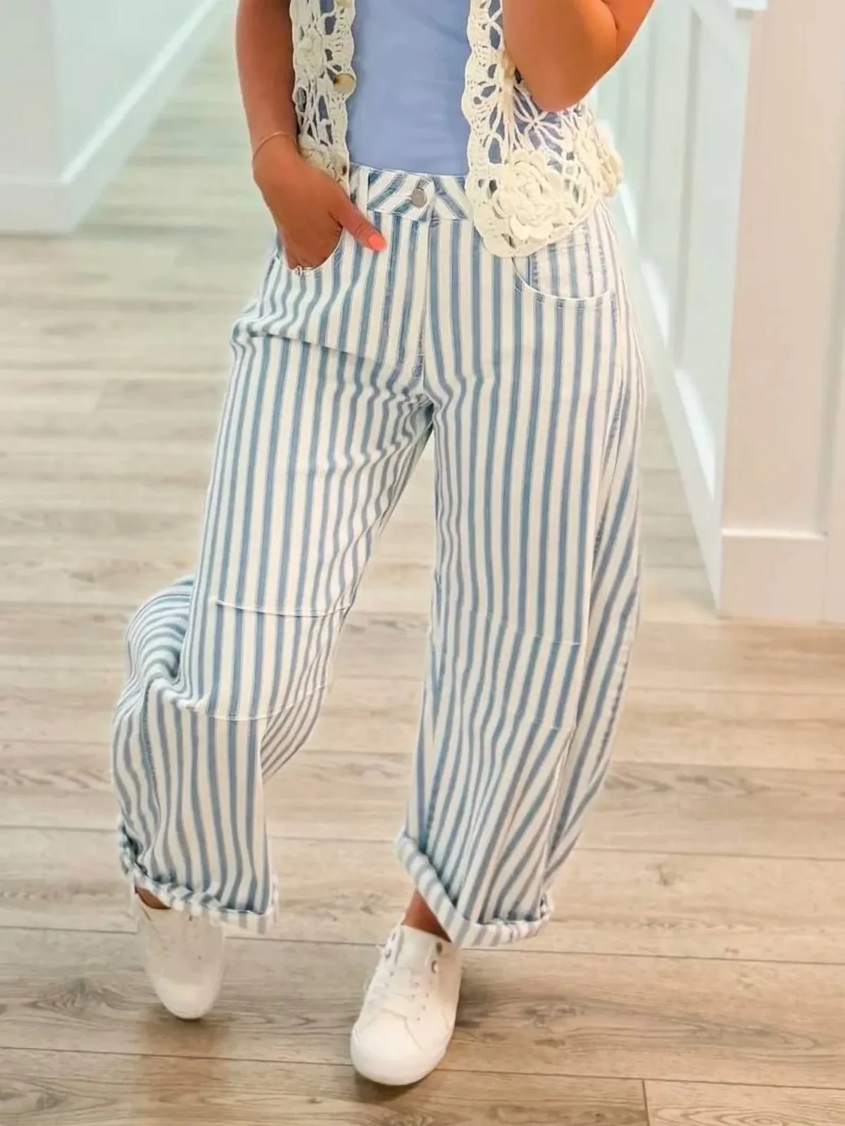 Sarina High-Rise Barrel Leg Striped Jeans by BLAKELEY