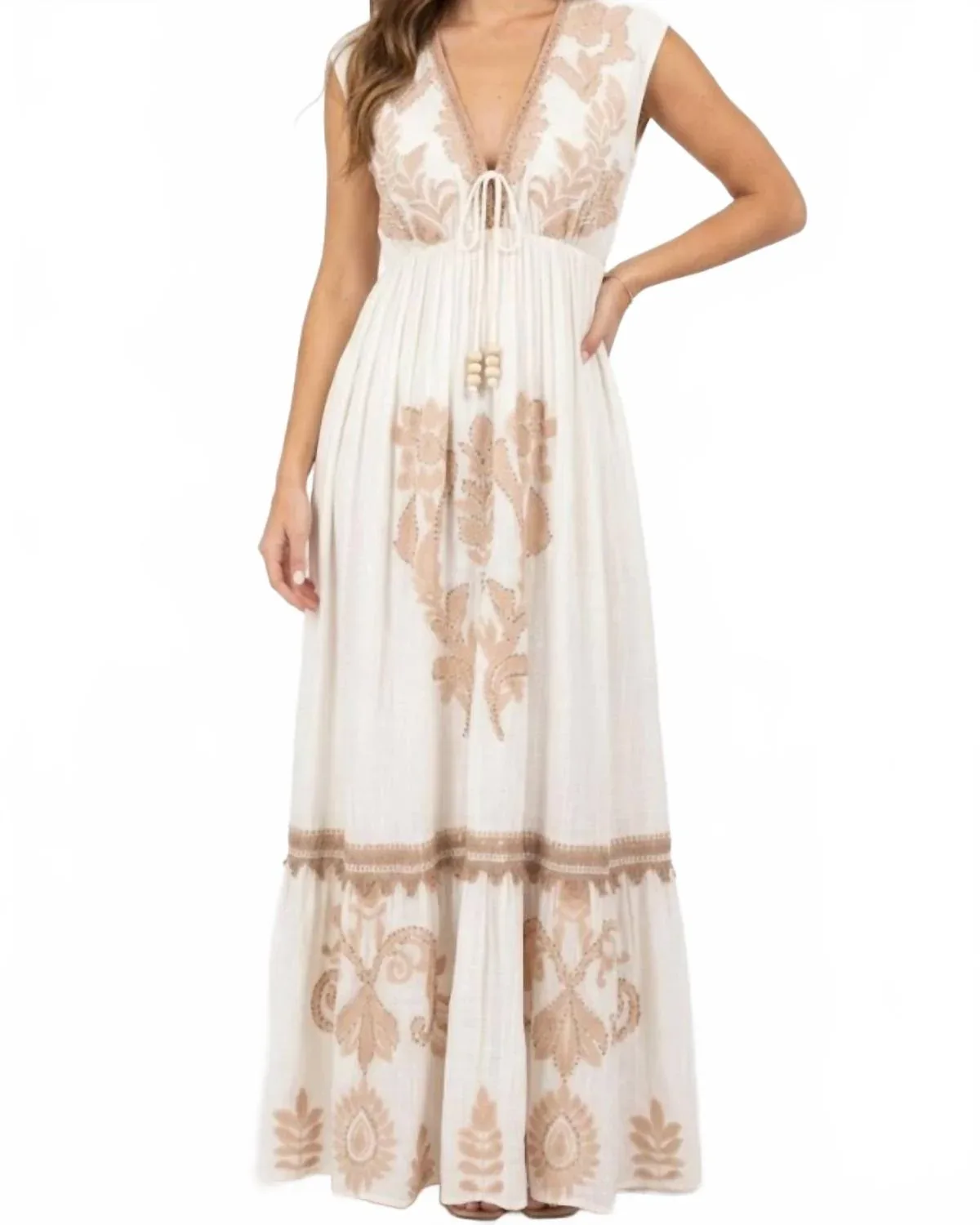 Selena Embroidered Maxi Dress in Ivory by Mahila