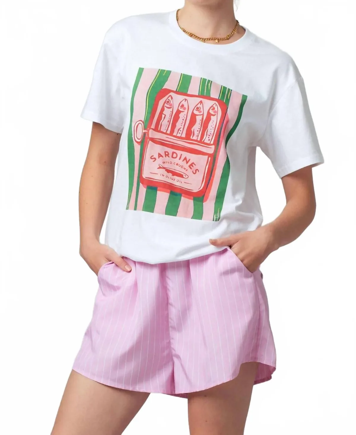 Sardine Graphic Tee and Striped Shorts Set by Urban Daizy