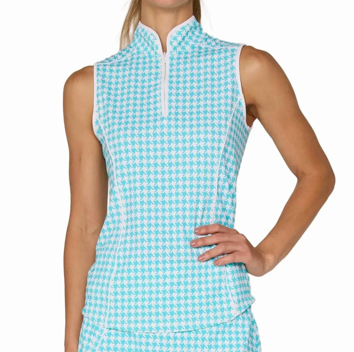 Piping Mock Neck Performance Top in Car. Turq. Houndstooth by G Lifestyle