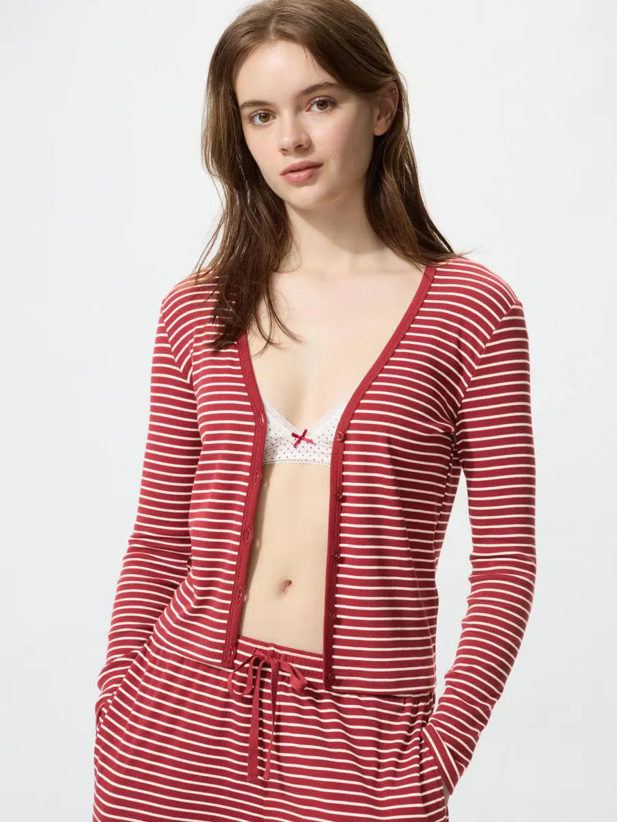 Ribbed V-Neck Cardigan Stripe by UNIQLO