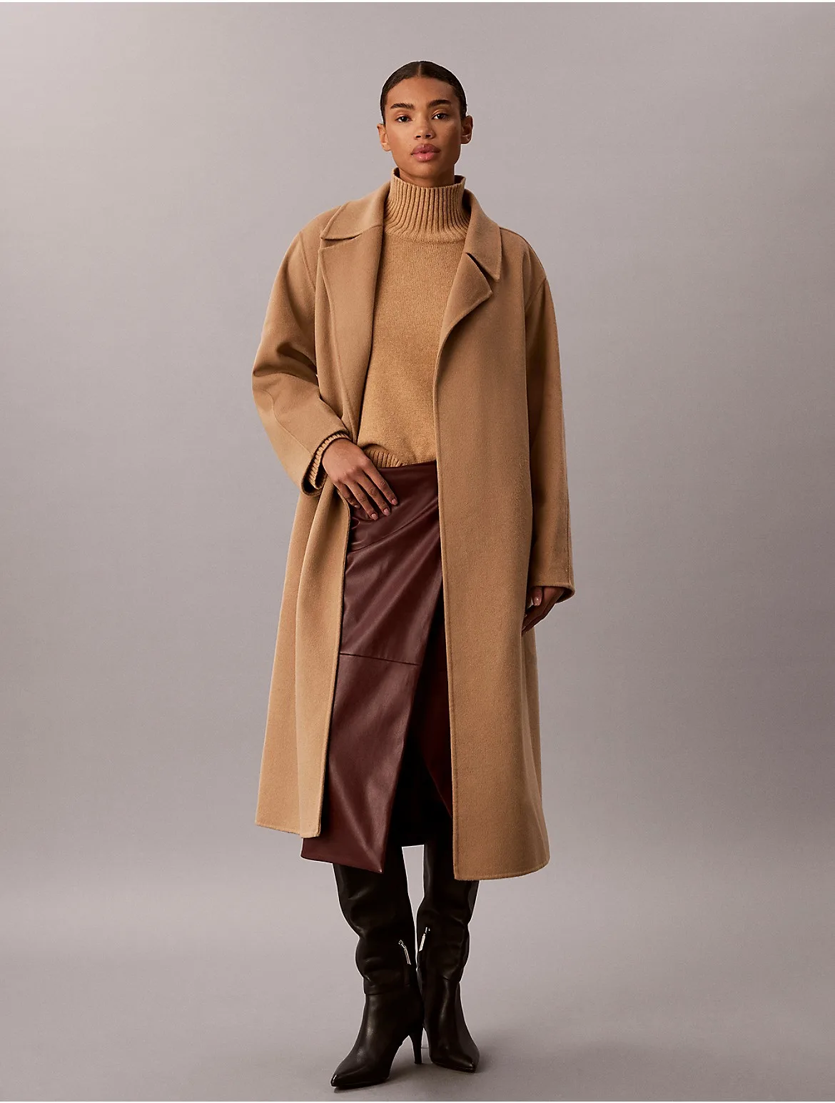 Double Faced Wool Blend Wrap Coat by Calvin Klein